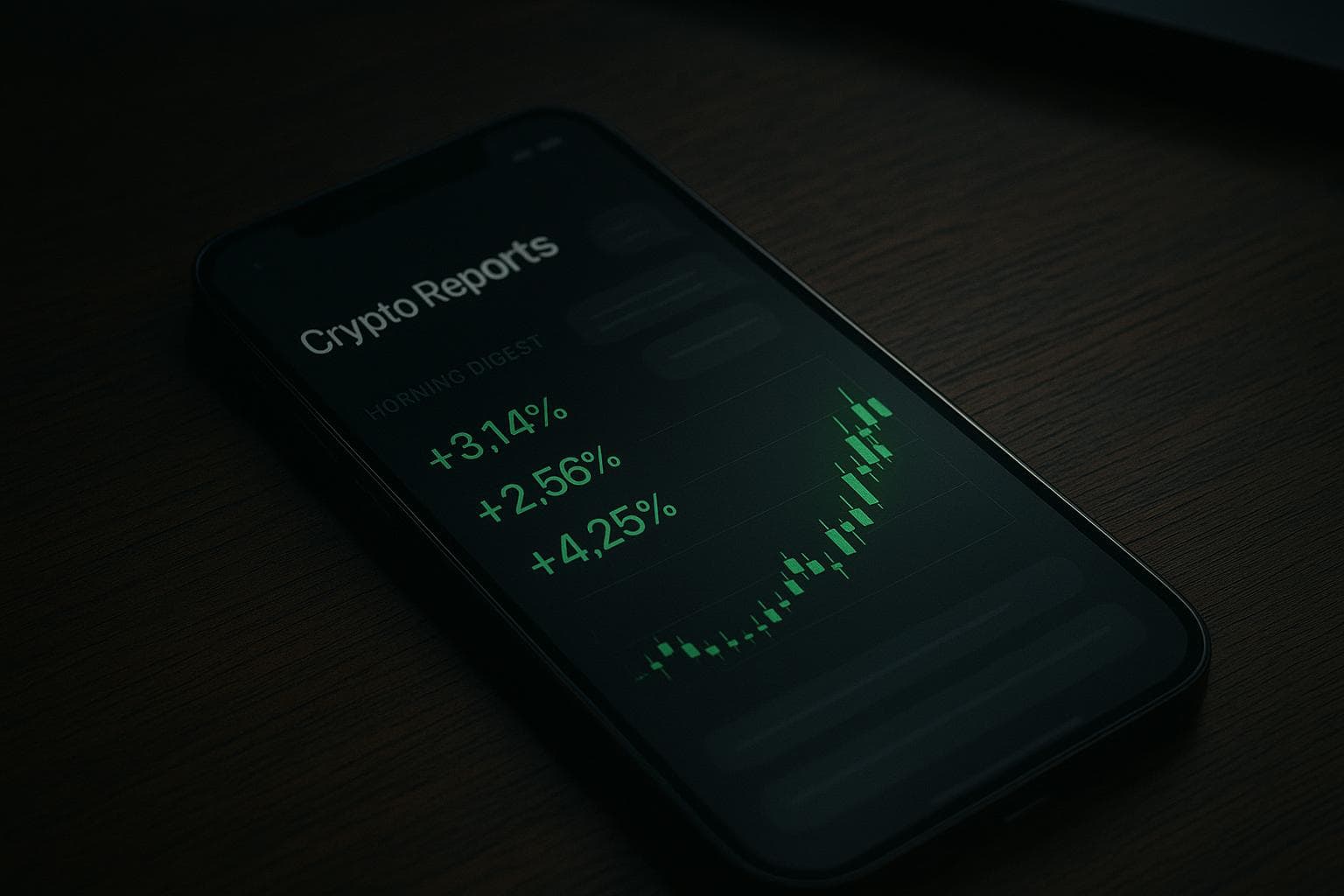Pantalla oscura de un teléfono sobre un escritorio mostrando un resumen matutino de cripto con variaciones porcentuales en verde y un pequeño gráfico de velas, junto a una taza de café