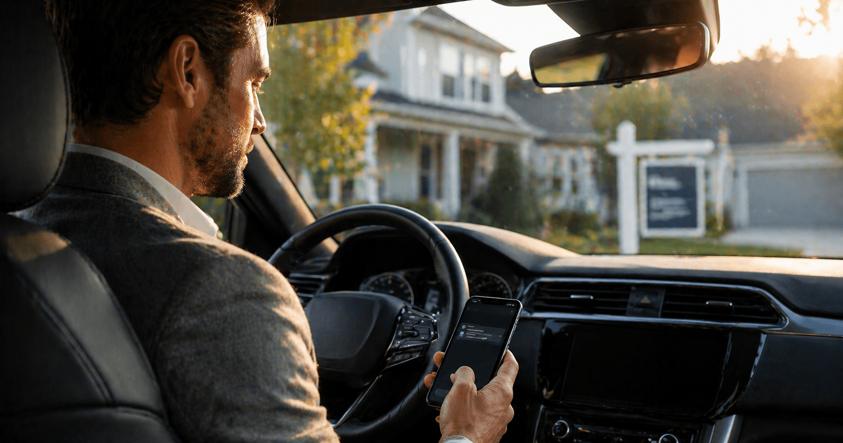 A real estate agent in a car between appointments checking a lead follow-up notification on their phone