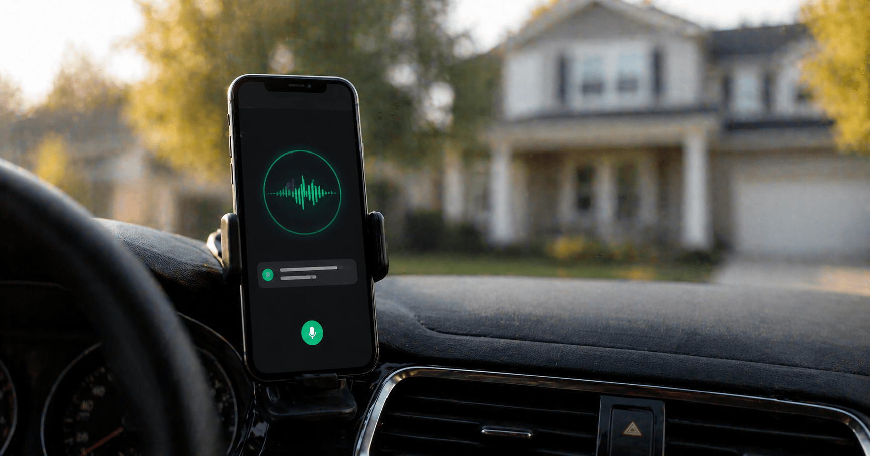 Smartphone on a car dashboard showing a voice recording interface with a suburban home visible through the windshield