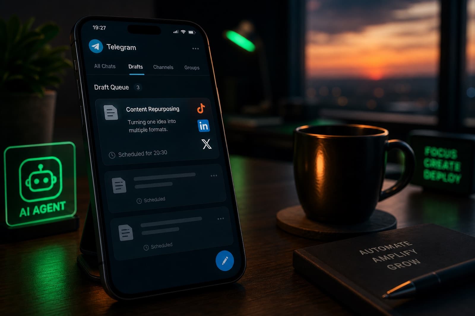 Una scrivania scura al crepuscolo con un telefono che mostra una coda di bozze Telegram per X, LinkedIn e TikTok riadattate da un articolo lungo, con evidenziazione verde sul post approvato