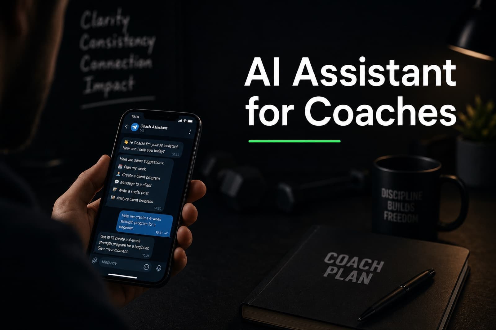 Une coach consultant des notes de client sur son téléphone, une conversation avec un assistant IA visible à l'écran, fond de studio sombre