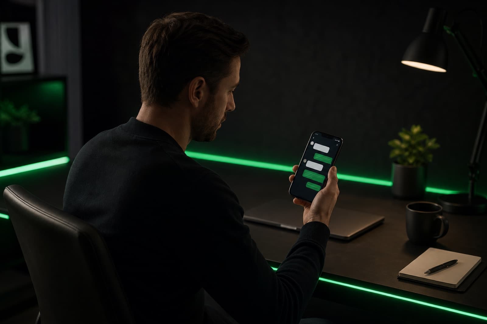 Titolare di agenzia marketing che controlla report clienti sul telefono con una conversazione AI visibile sullo schermo, sfondo scuro da studio