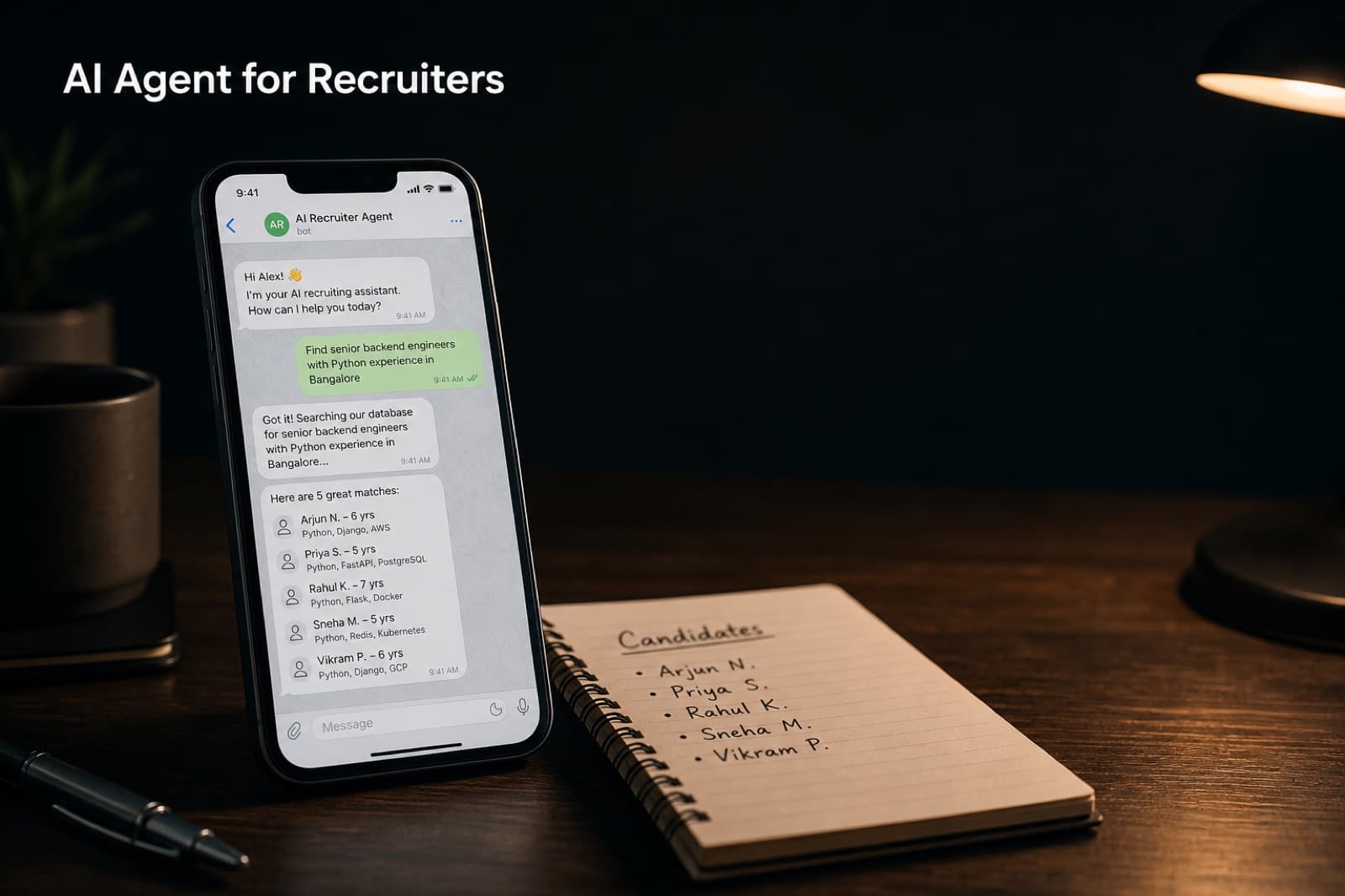Lo smartphone di un recruiter mostra una chat Telegram con un assistente AI che sollecita i candidati interessati e riassume lo stato della pipeline