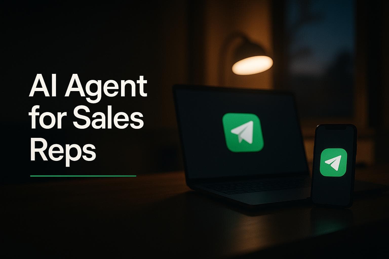Un commercial à son bureau avec un ordinateur portable et un téléphone affichant une conversation Telegram avec un assistant IA qui rédige un mail de relance