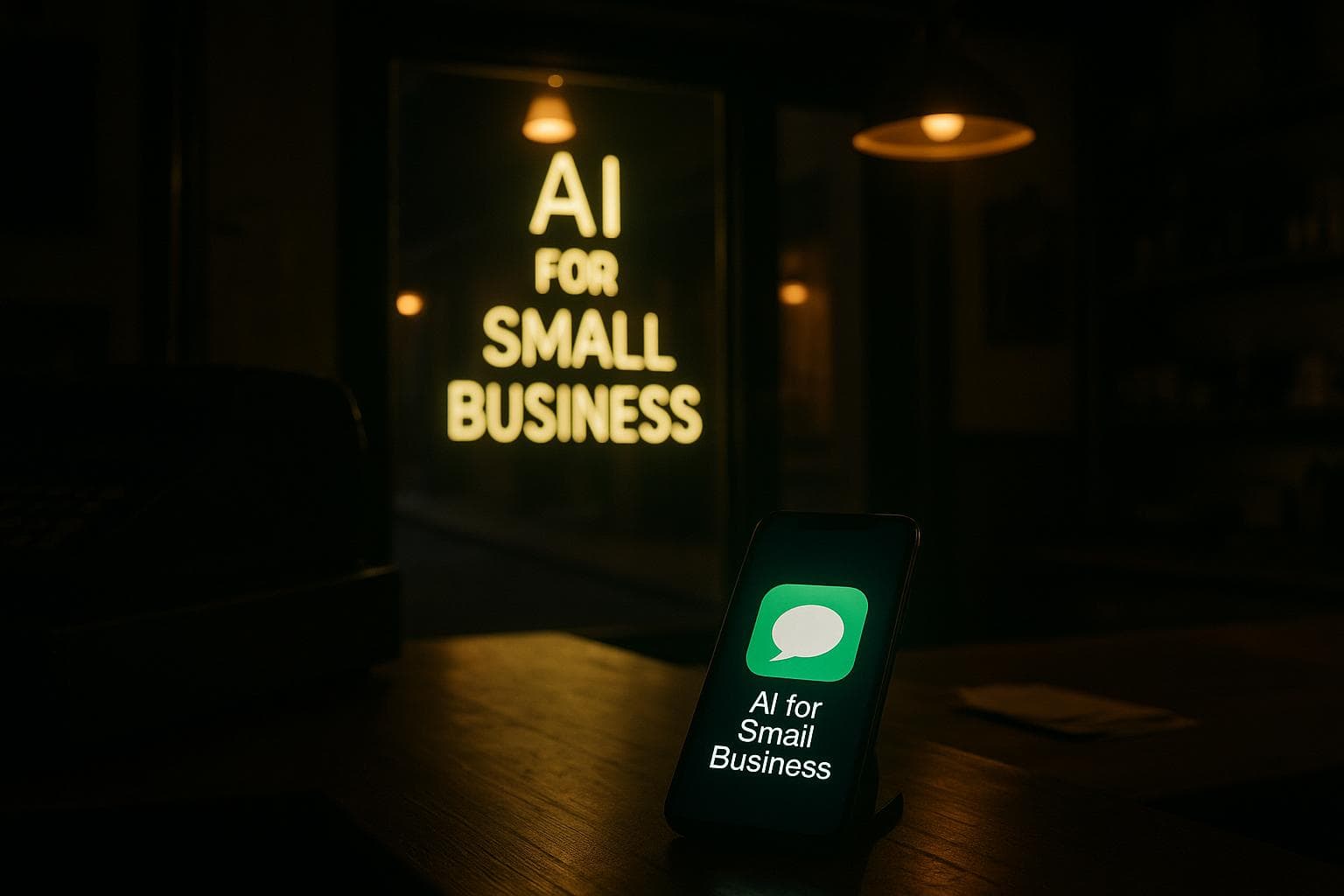 A small business owner at a kitchen table with a laptop and a phone showing a chat with an AI assistant