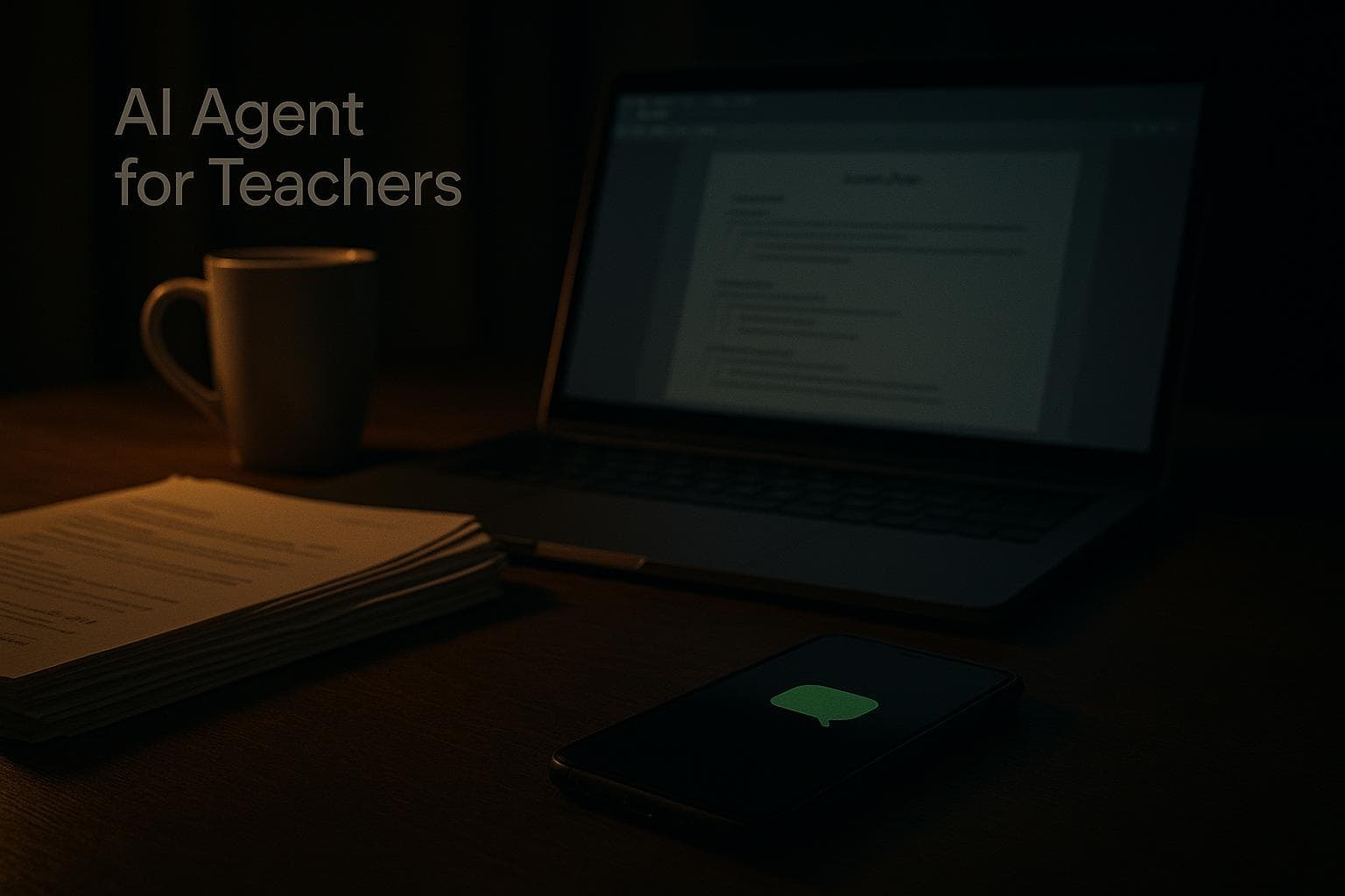 Un'insegnante a casa la sera con un laptop che mostra i piani delle lezioni e un telefono che mostra una chat con un assistente AI