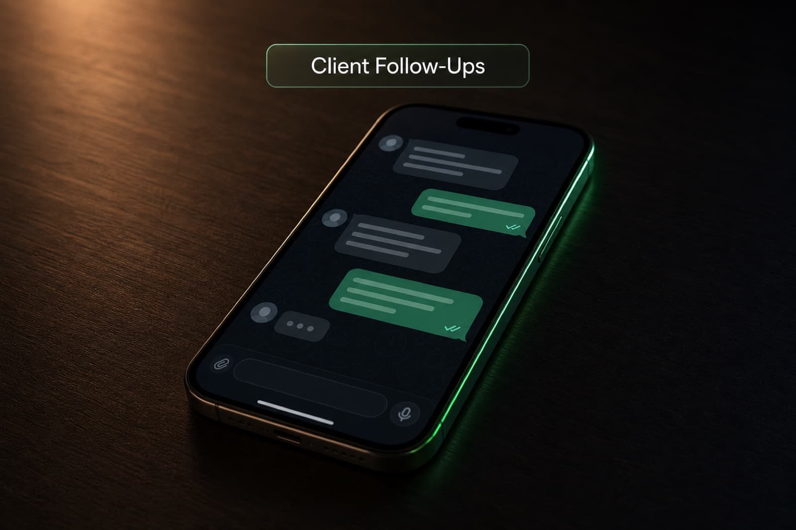 Un telefono su una scrivania mostra una chat Telegram in cui un agente IA ha redatto un educato follow-up per un cliente