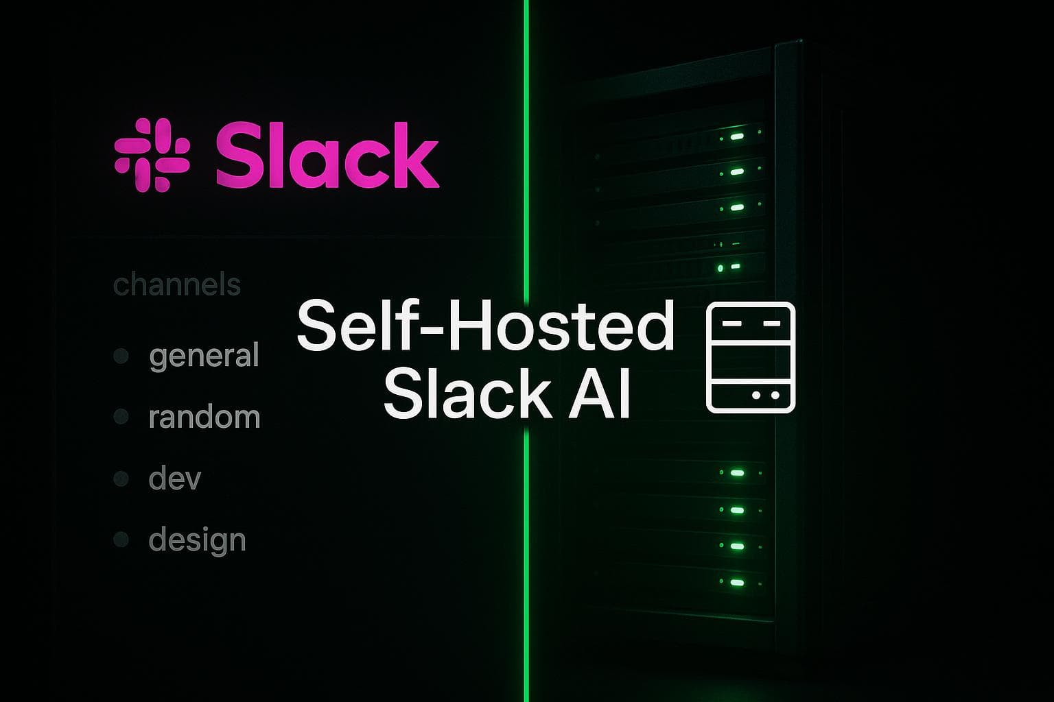Une barre latérale Slack sombre avec un point vert d'en-ligne à côté d'un bot IA auto-hébergé, évoquant la confidentialité et le contrôle du workspace