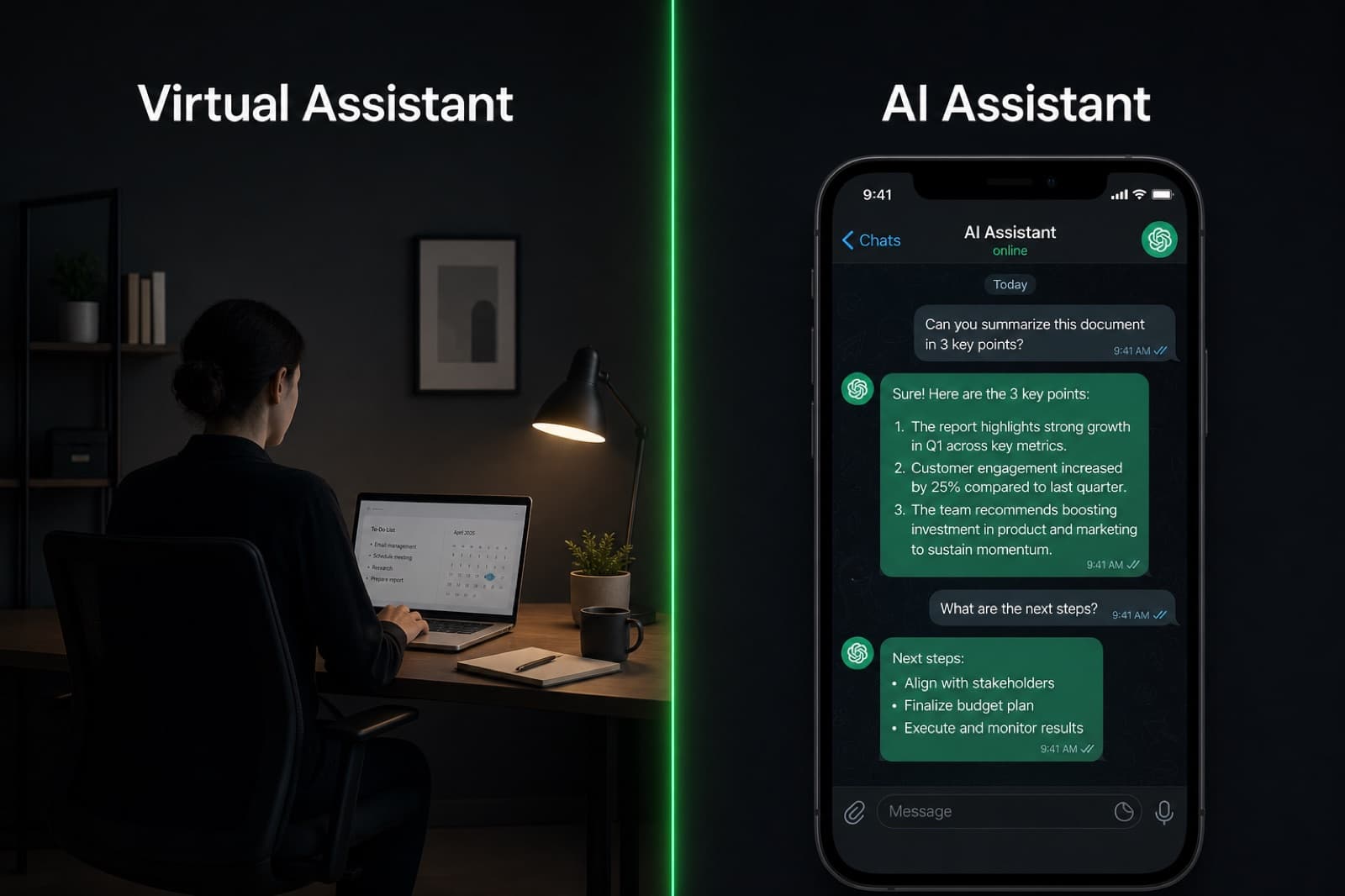 Immagine con layout diviso su sfondo scuro, linea verde luminosa al centro, silhouette umana da un lato e interfaccia di chat dall'altro