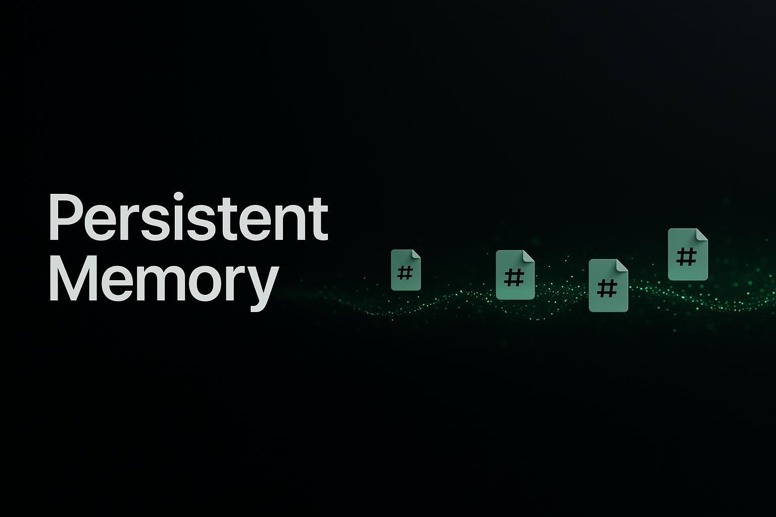 Scena scura con un filo verde luminoso che si intreccia tra una fila di schede di documenti markdown, a rappresentare la memoria AI persistente nel tempo