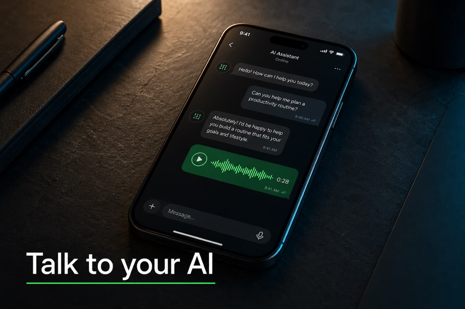 Uno smartphone con un'onda vocale verde in una finestra di chat, posato su una scrivania scura accanto a una tazza di caffè, che suggerisce una conversazione hands-free con un assistente IA