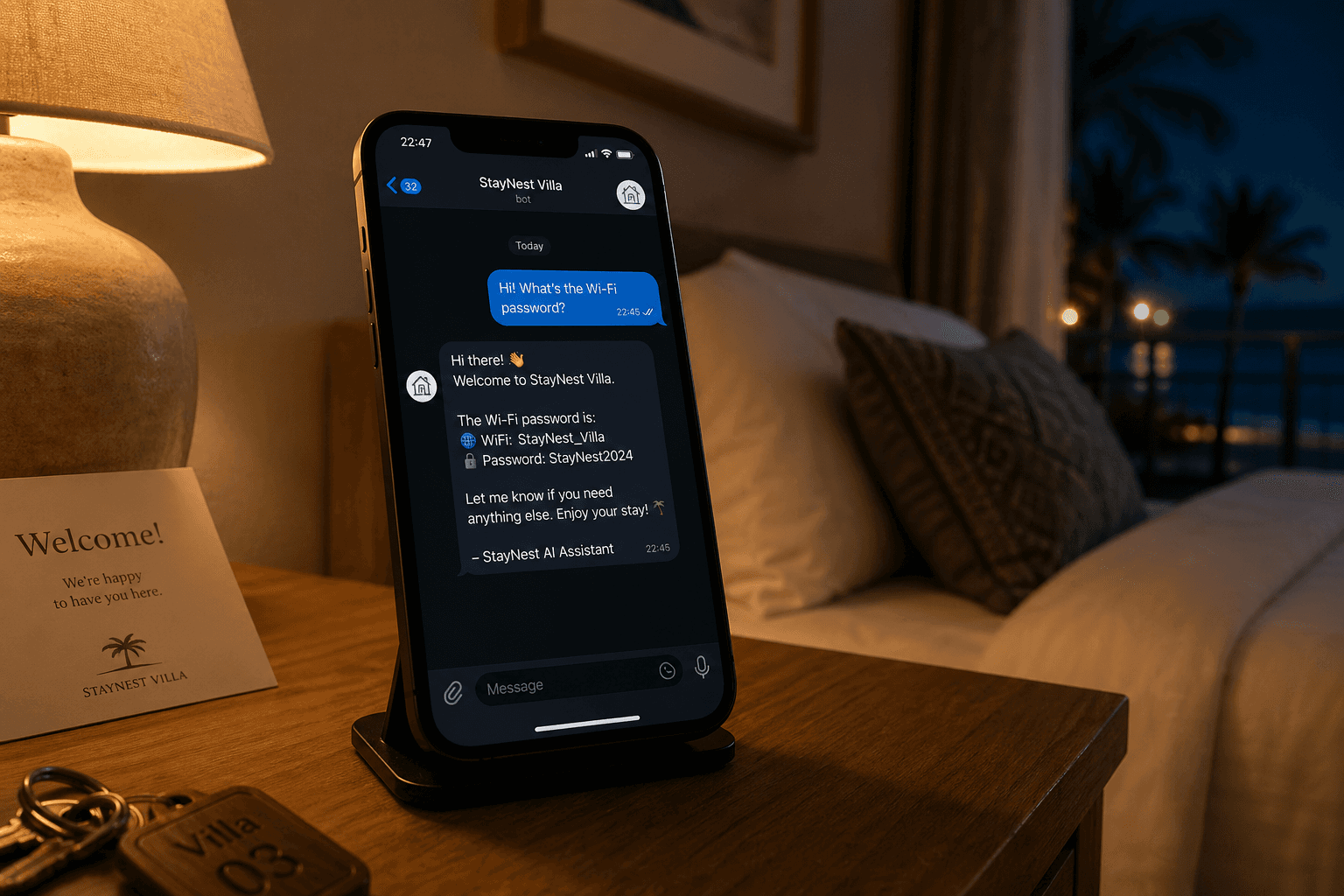 Ein Telefon auf einem Nachttisch in einer Ferienunterkunft zeigt ein Telegram-Gespräch, in dem ein KI-Agent nachts auf die Check-in-Frage eines Gastes antwortet