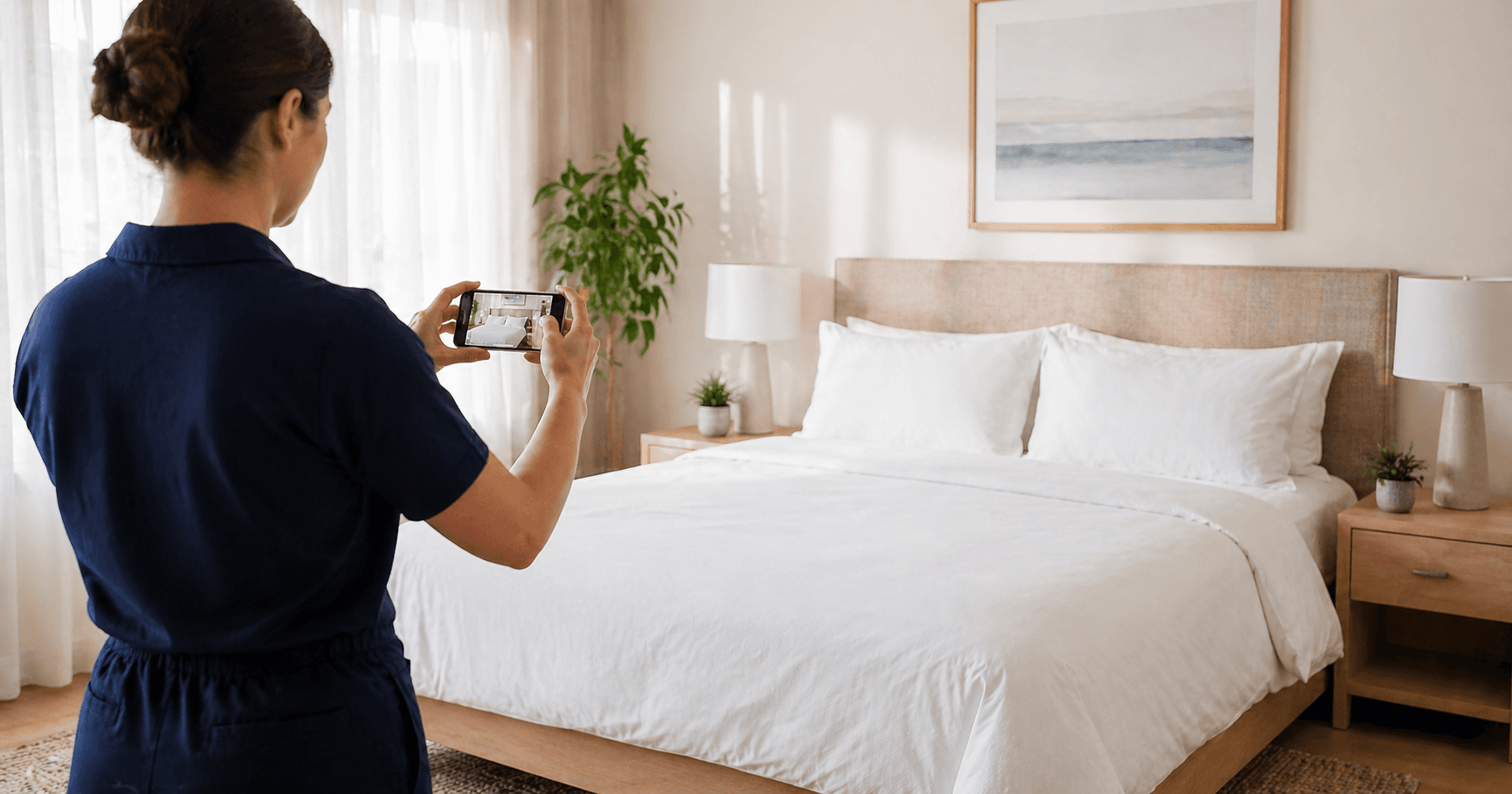 Une chambre de location courte durée fraîchement nettoyée avec une femme de ménage prenant une photo au téléphone pour confirmer la fin du ménage à l'hôte