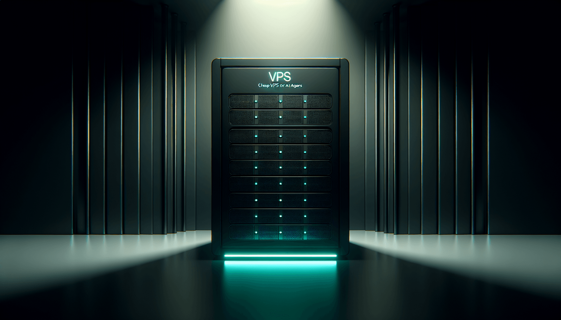 Rack de servidores escuro com um detalhe verde brilhante e o texto 'Cheap VPS for AI Agents'