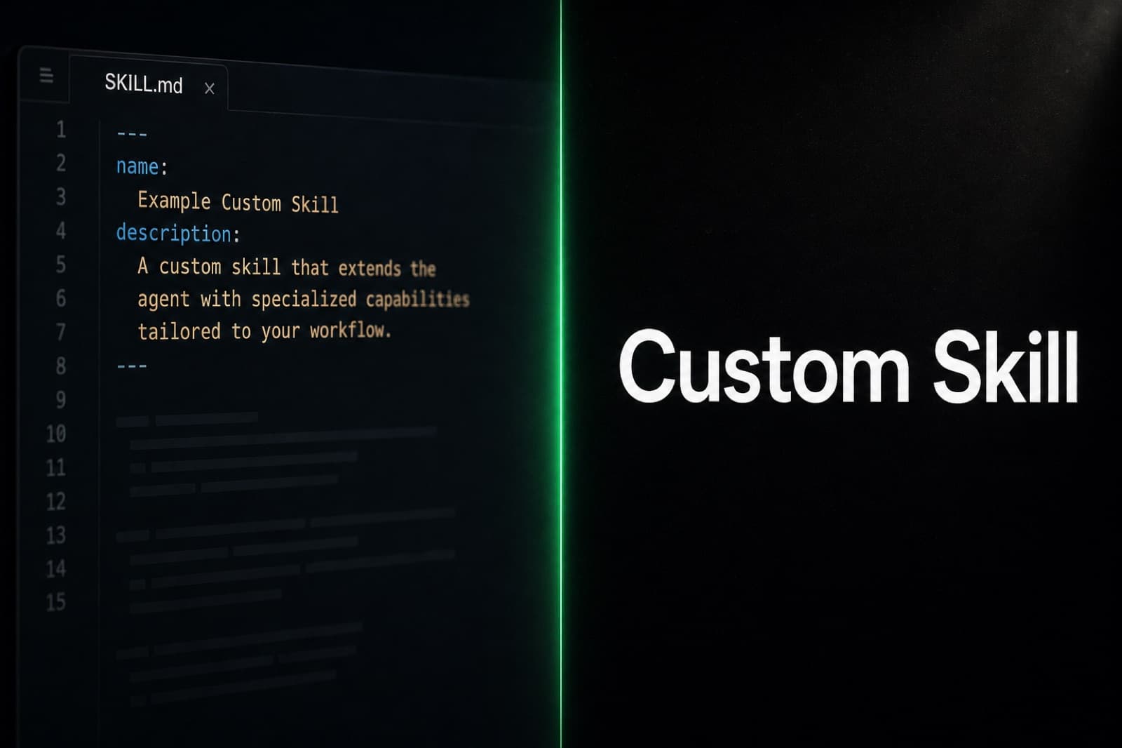 Dunkler Code-Editor mit einer SKILL.md-Datei mit YAML-Frontmatter und den Worten Custom Skill auf einem grün akzentuierten Panel