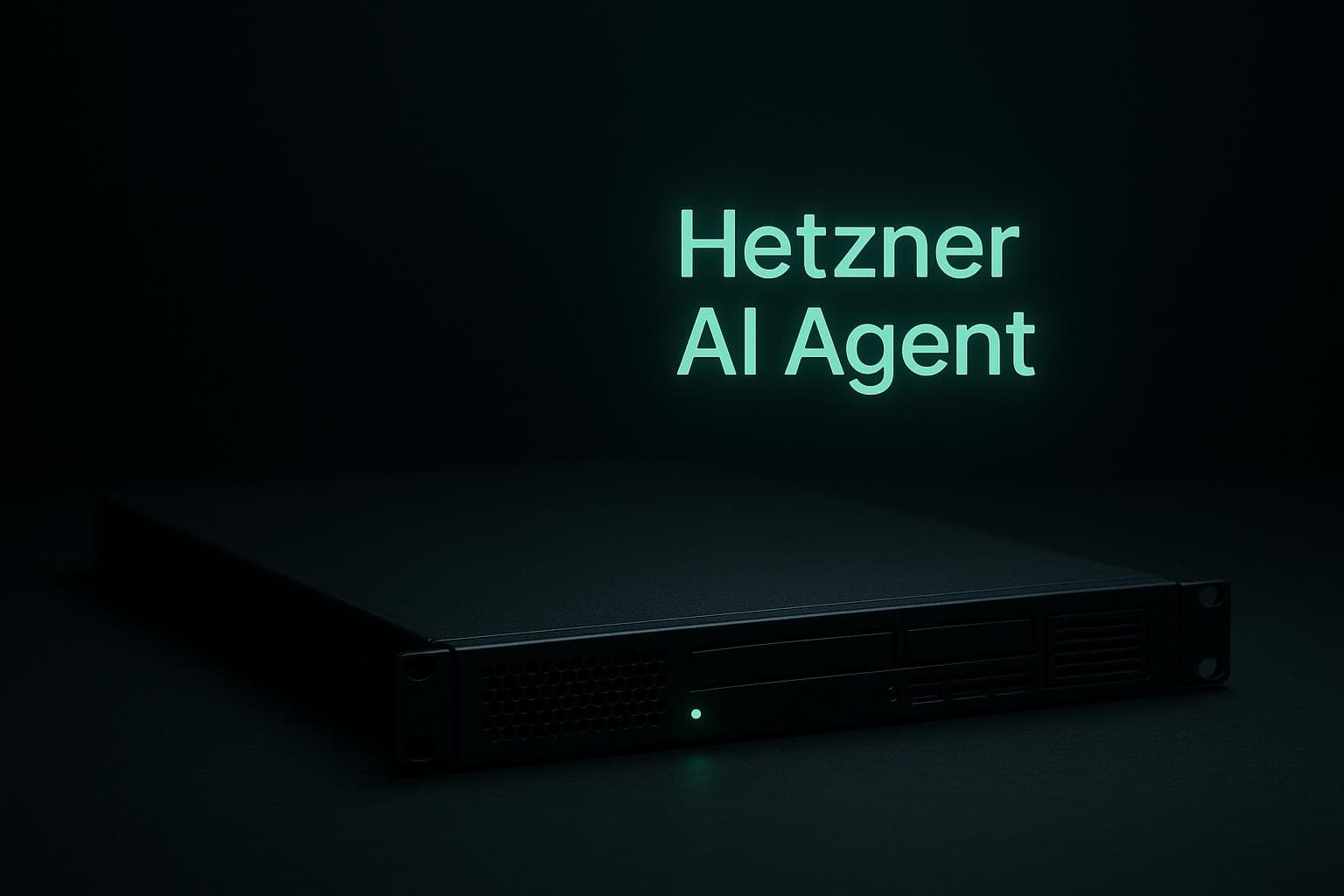 暗色调服务器机架,绿色状态指示灯亮起,画面文字为"Hetzner AI Agent"