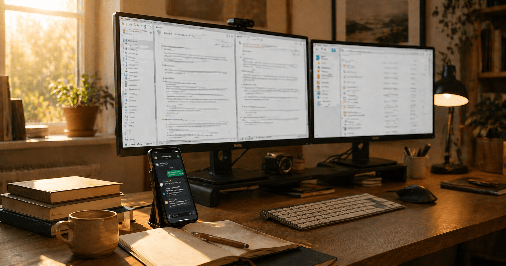 A freelance translator's home office desk with two monitors showing a CAT tool and a phone showing a Telegram chat with an AI glossary assistant