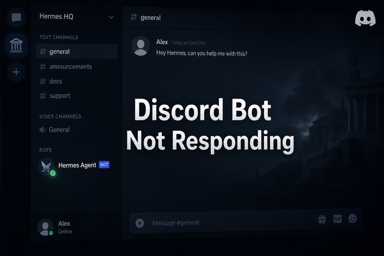 Barre latérale sombre d'un serveur Discord avec un bot Hermes Agent en ligne avec un point vert et aucune réponse dans le canal en dessous