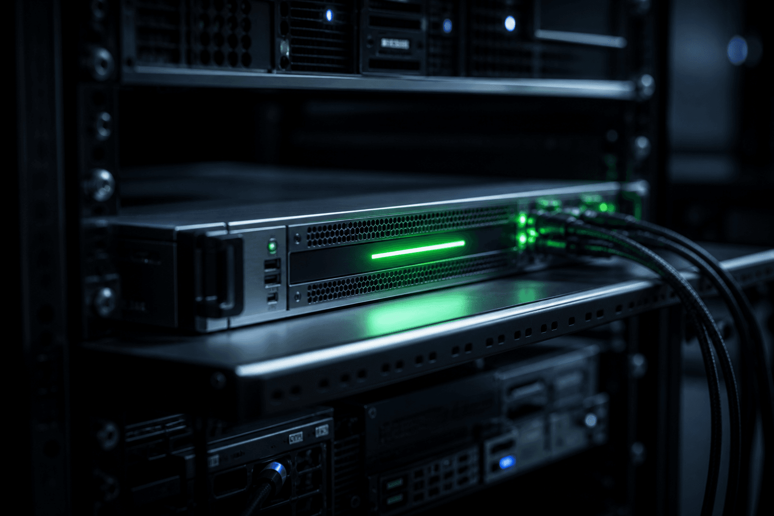 Una sala server buia con un singolo rack illuminato in verde, che evoca un agente AI self-hosted al lavoro 24 ore su 24