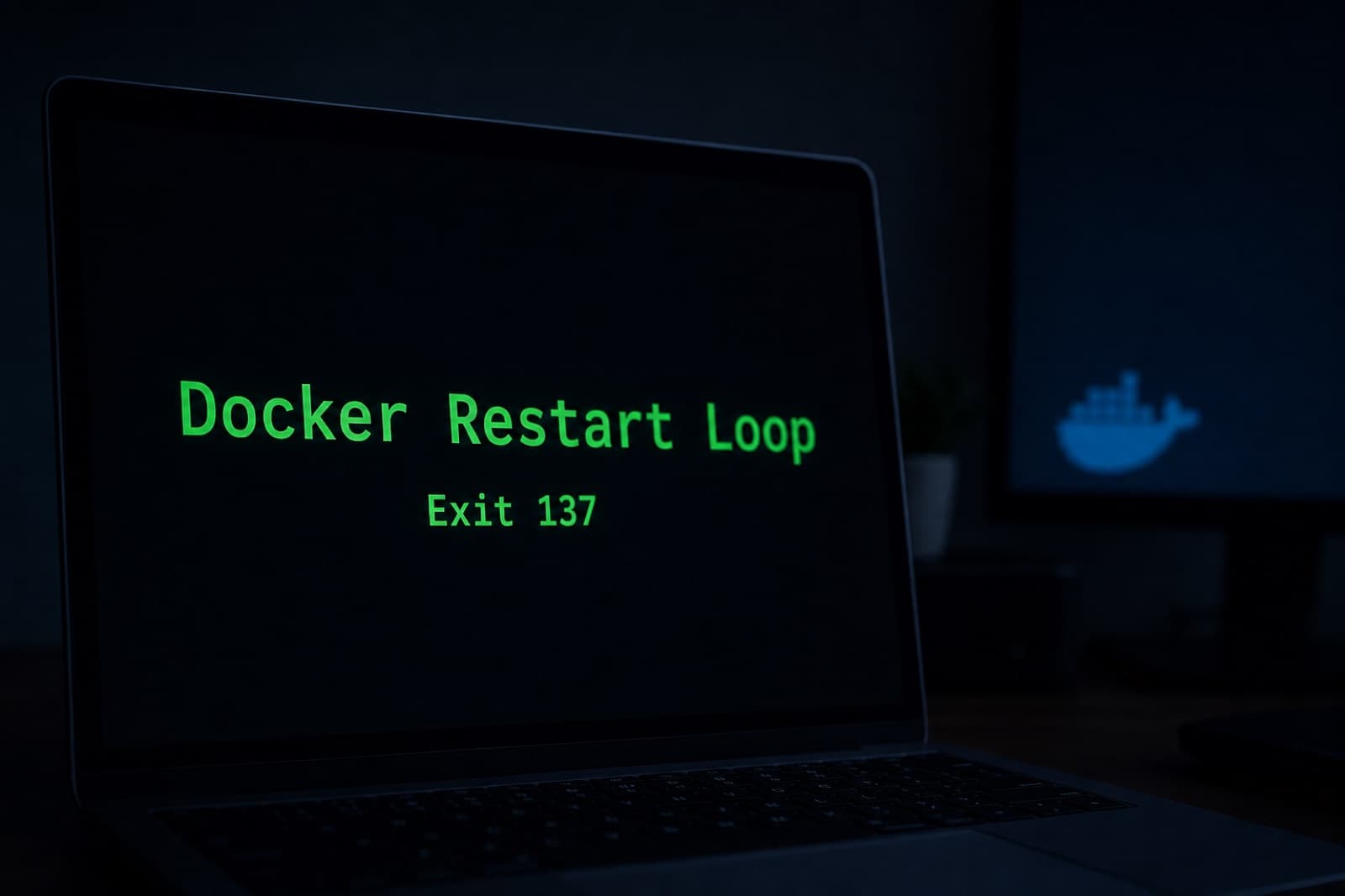 深色终端展示一个 Hermes Agent Docker 容器陷入重启循环,退出码以绿色高亮