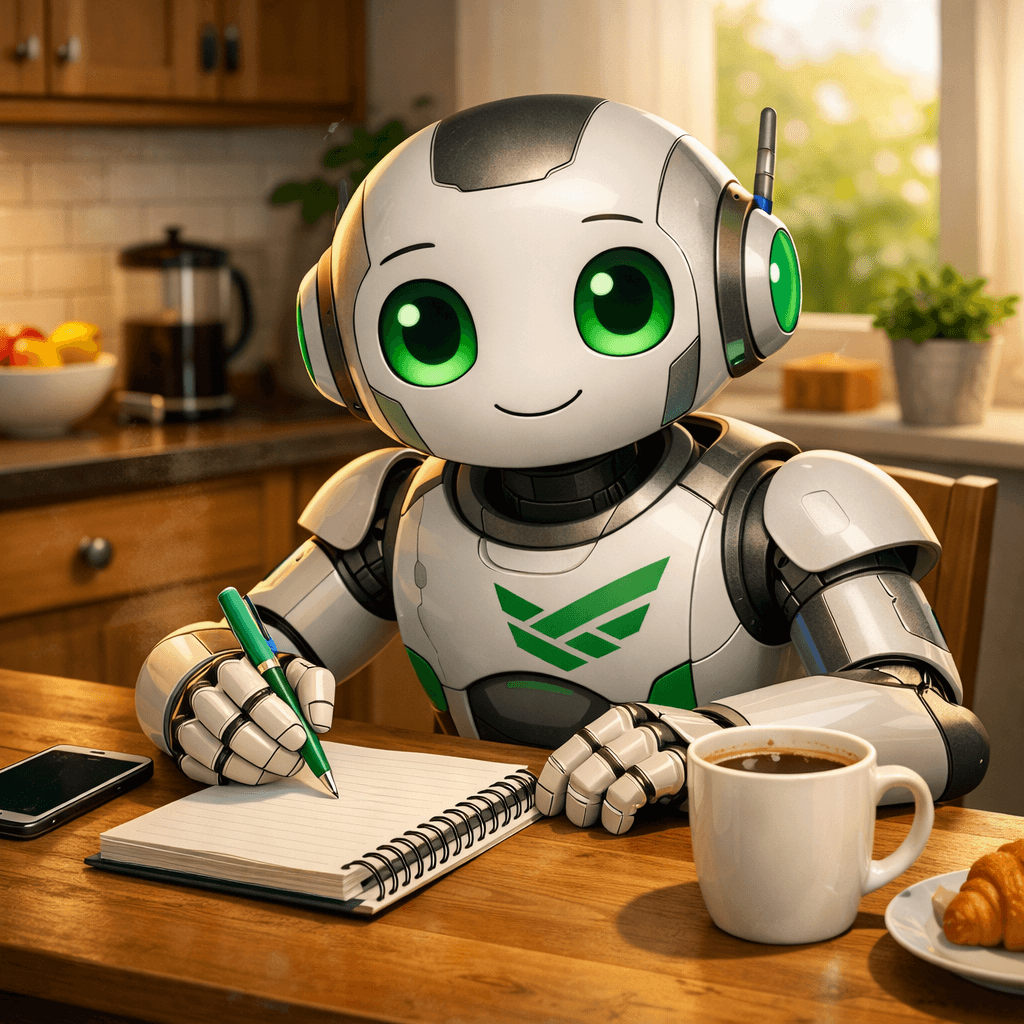 Ein freundlicher Roboter-Assistent, der mit Notizblock und Kaffee an einem Küchentisch sitzt und Hermes Agent als alltäglichen KI-Begleiter für nicht-technische Nutzer darstellt