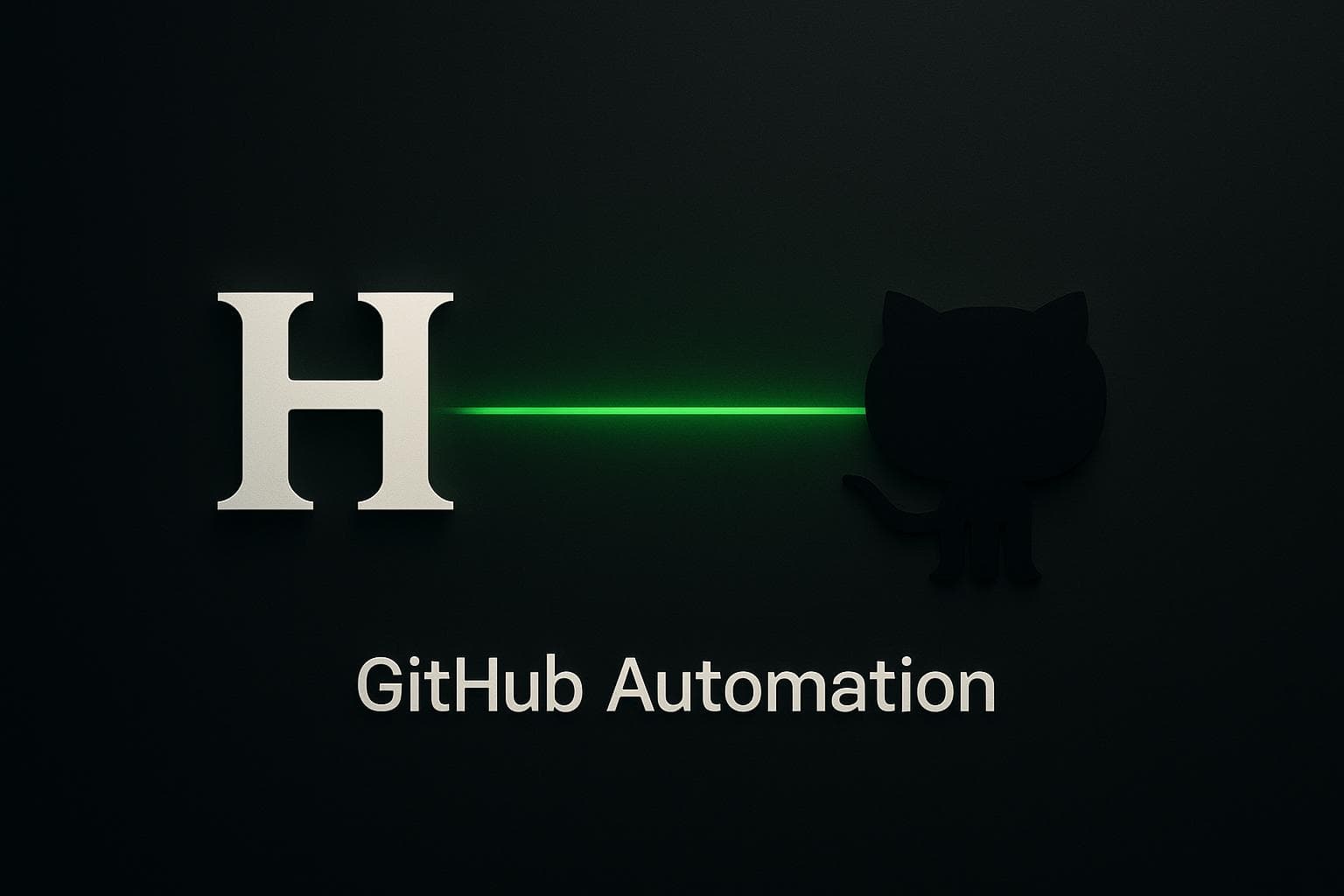Eine dunkle Code-Editor-Ansicht, in der das Hermes-Logo und der GitHub-Octocat durch eine leuchtend grüne Linie verbunden sind, mit der Bildunterschrift „GitHub Automation“