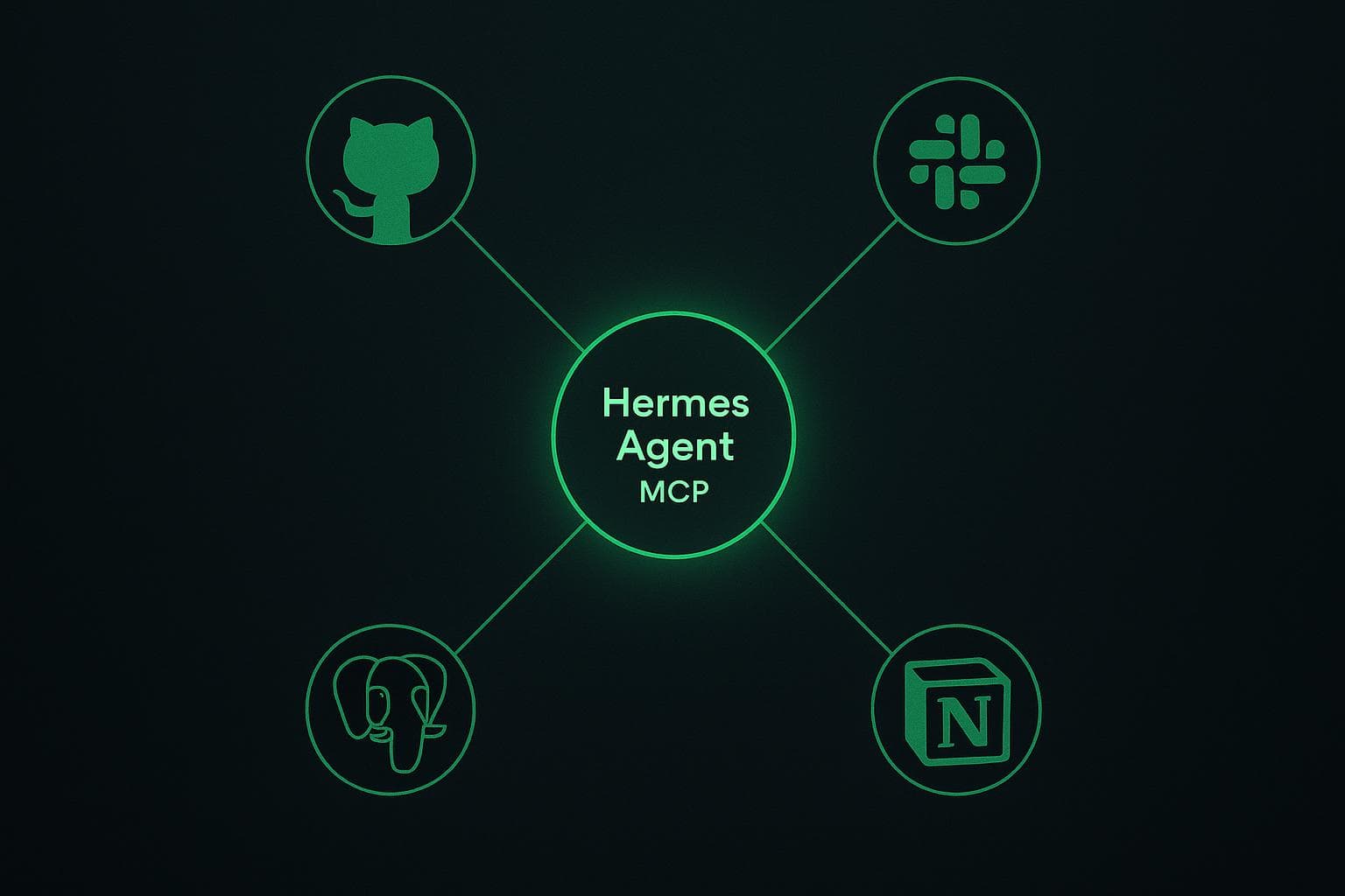 Diagramma di interfaccia scura con Hermes Agent al centro collegato ai server MCP di GitHub, Slack, Postgres e Notion tramite linee verdi luminose