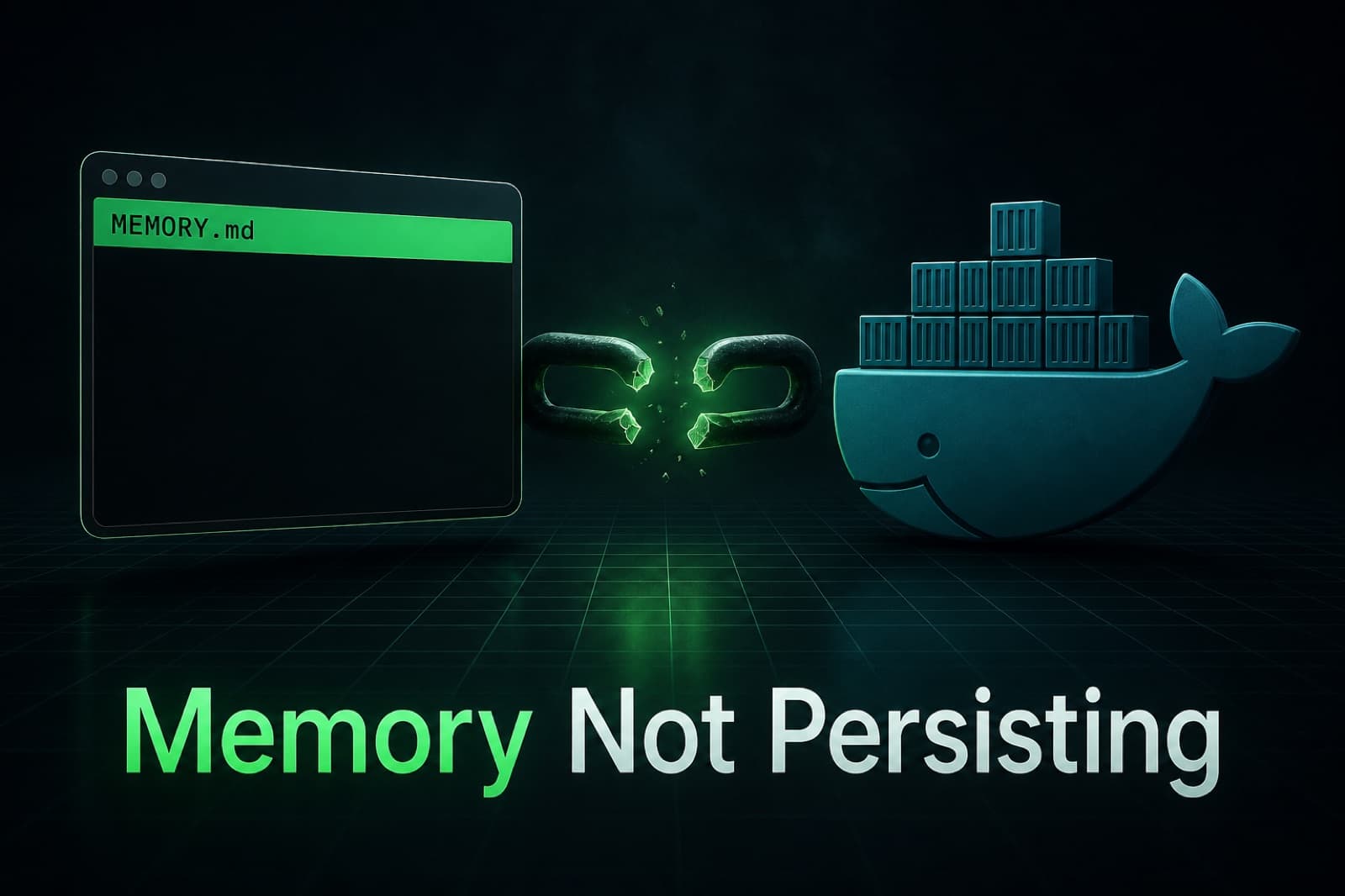 Terminal showing an empty MEMORY.md file next to a running Hermes Agent container