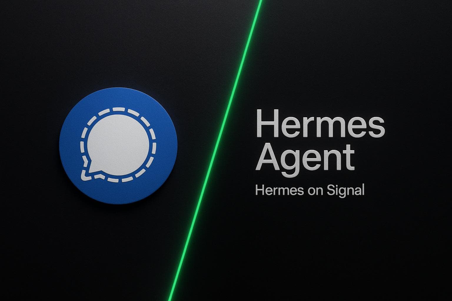A dark Signal chat window with the Hermes Agent wordmark and a single green dot beside the bot name, evoking a private end-to-end encrypted assistant