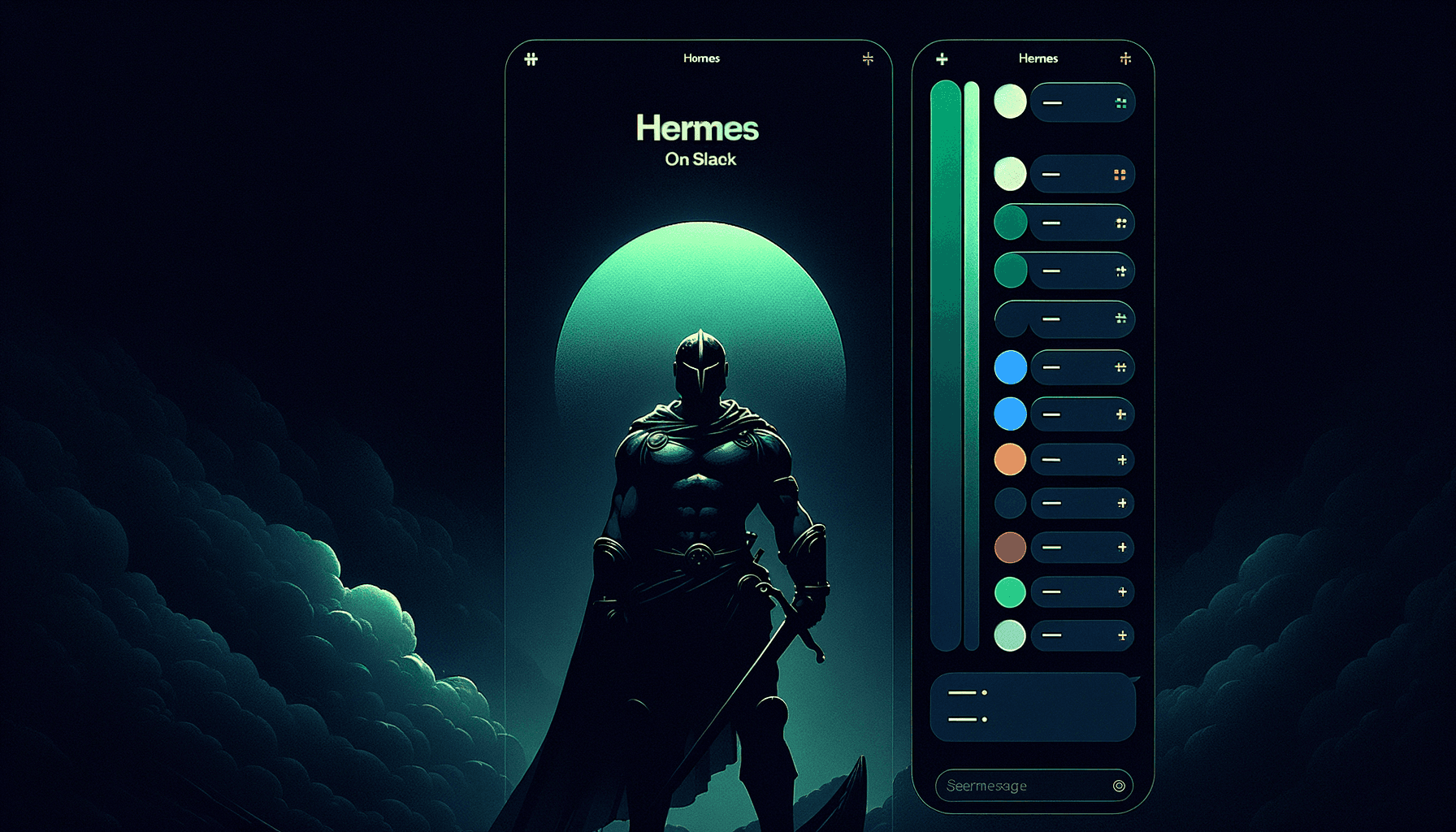 Un pannello chat Slack scuro con il wordmark di Hermes Agent e un puntino verde online accanto al nome del bot, che richiama un assistente workspace sempre attivo