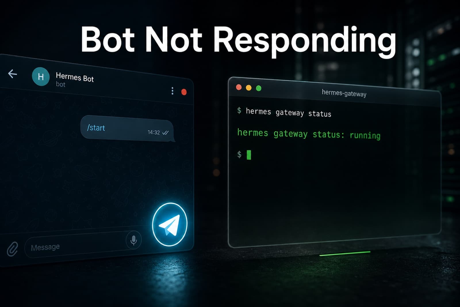 Una finestra di chat Telegram in silenzio accanto a un terminale che mostra l'output di stato del gateway Hermes durante un riavvio