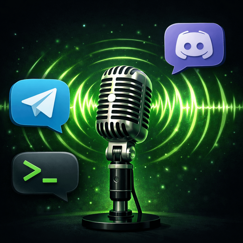Un microfono con onde sonore verdi che si irradiano da esso, circondato da icone di fumetti di chat che rappresentano interazioni vocali su Telegram, Discord e CLI