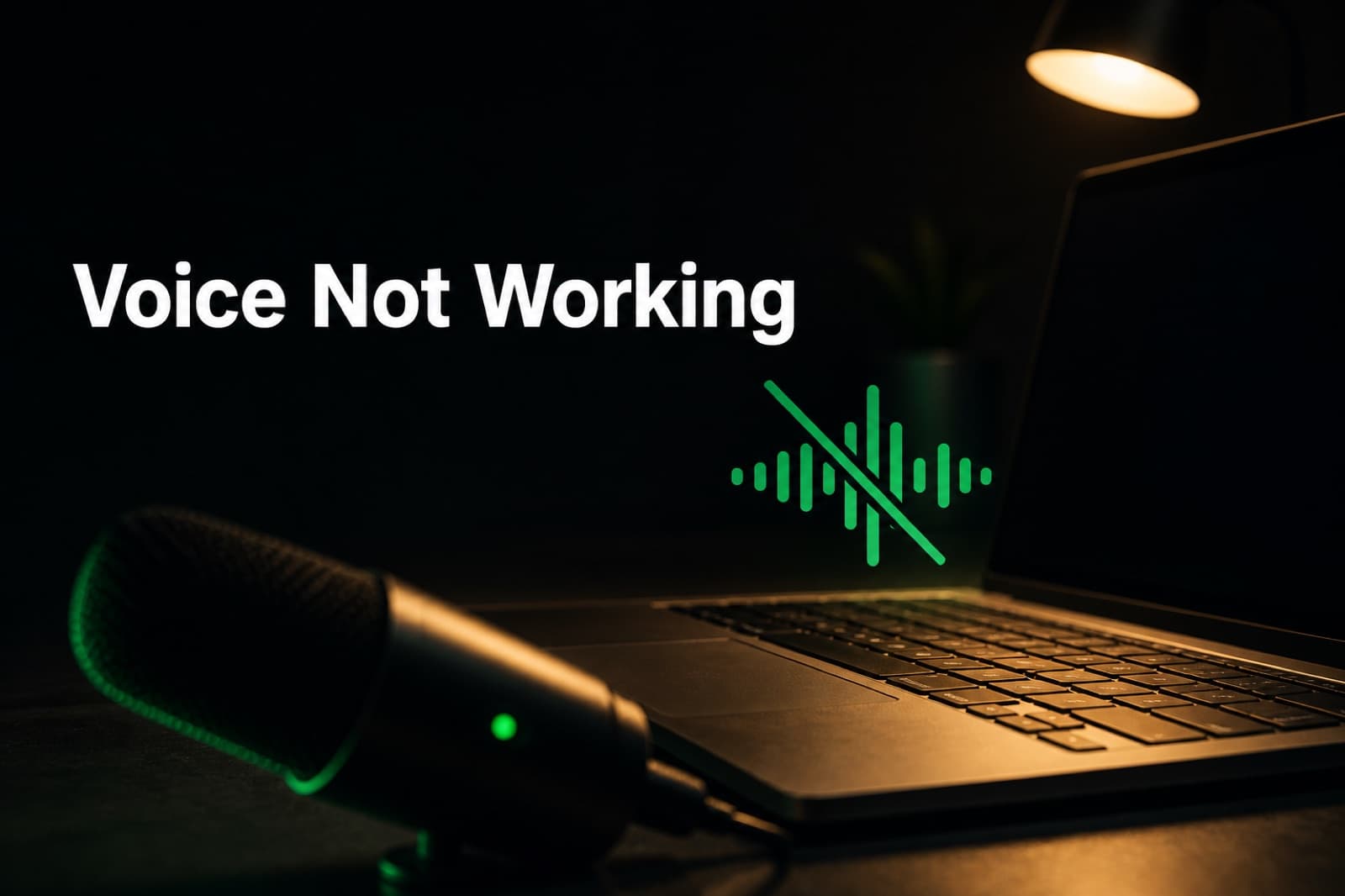 A developer desk with a laptop showing a terminal error alongside a microphone and green audio waveform, warmly lit