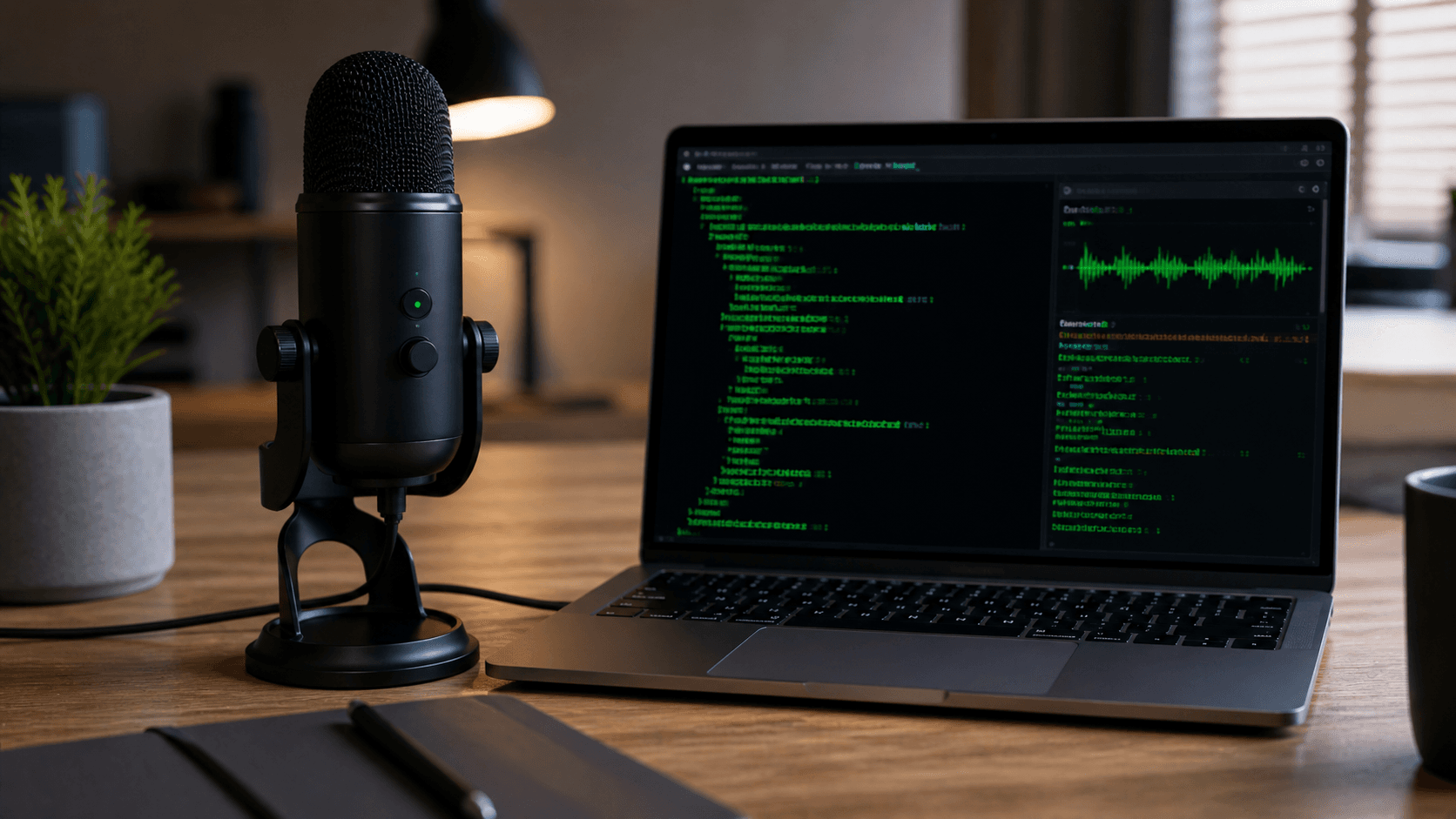 Una scrivania da sviluppatore con un microfono USB, un laptop che mostra una sessione di terminale e una forma d'onda audio verde visualizzata sullo schermo
