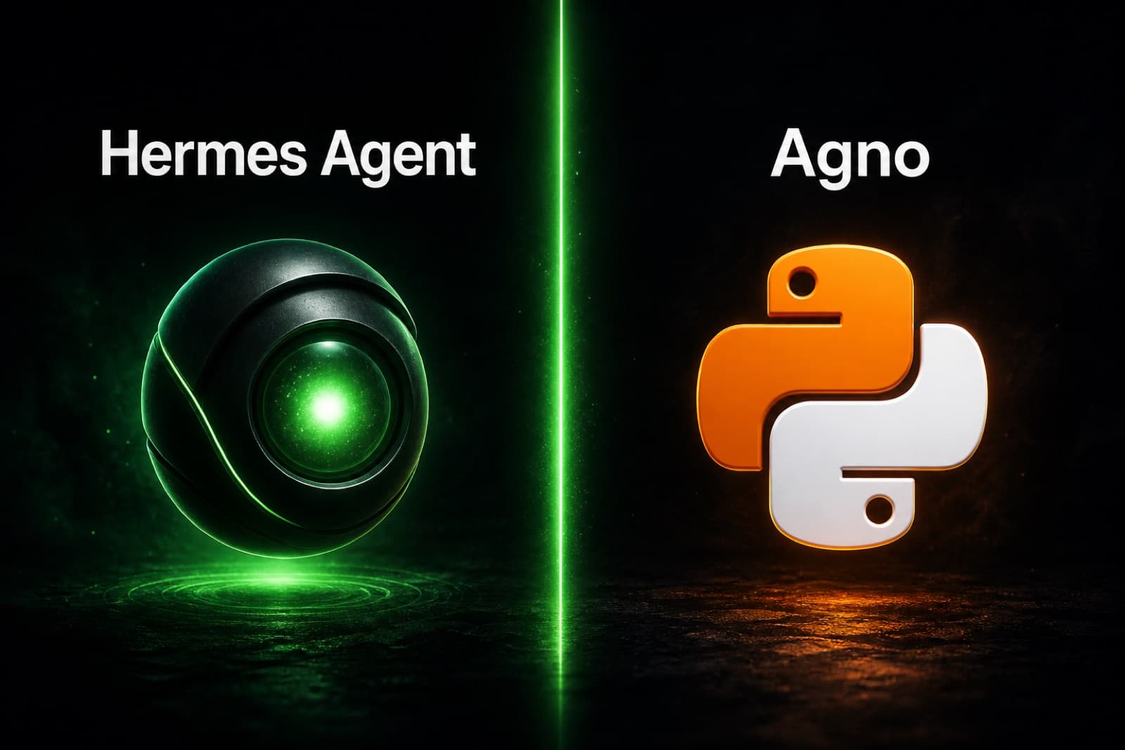 Layout scuro diviso con Hermes Agent contro Agno, che mette a confronto un runtime di IA già pronto e un framework Python per costruire agenti