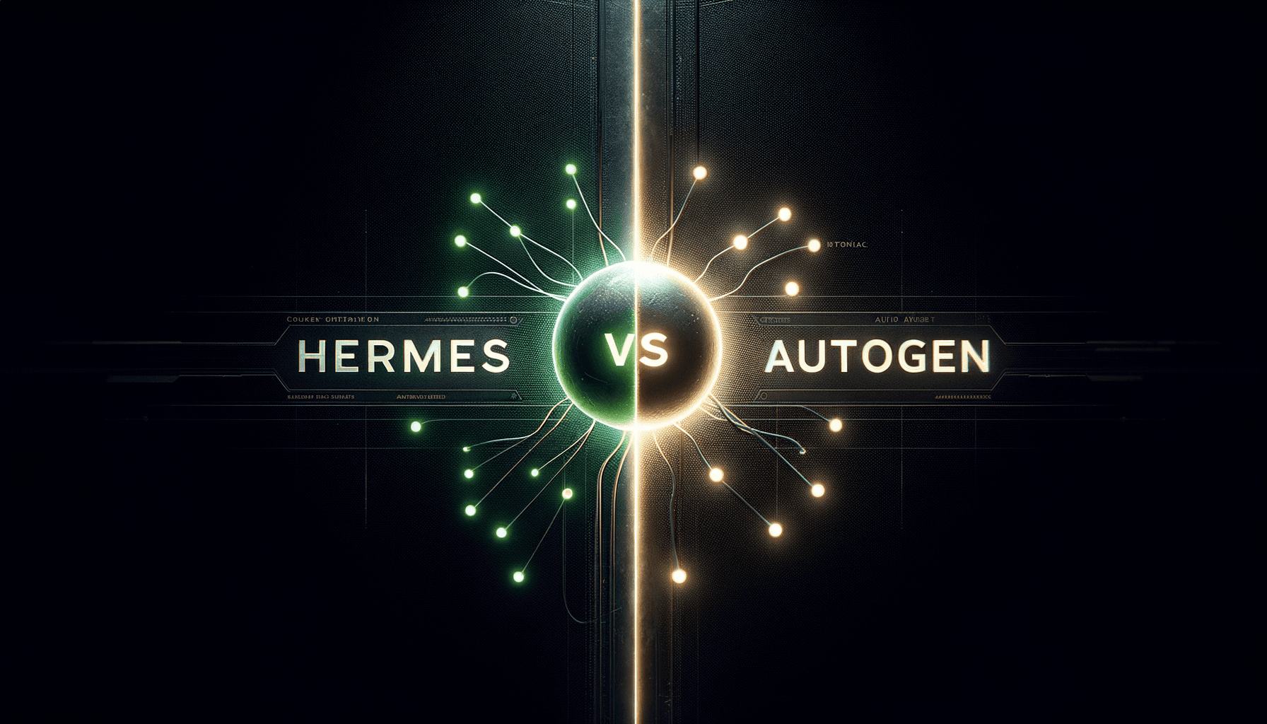 Hermes Agent vs AutoGen 深色背景分屏展示,两侧分别以文字标注各自名称,对比单个有状态 AI 智能体与多智能体编排框架