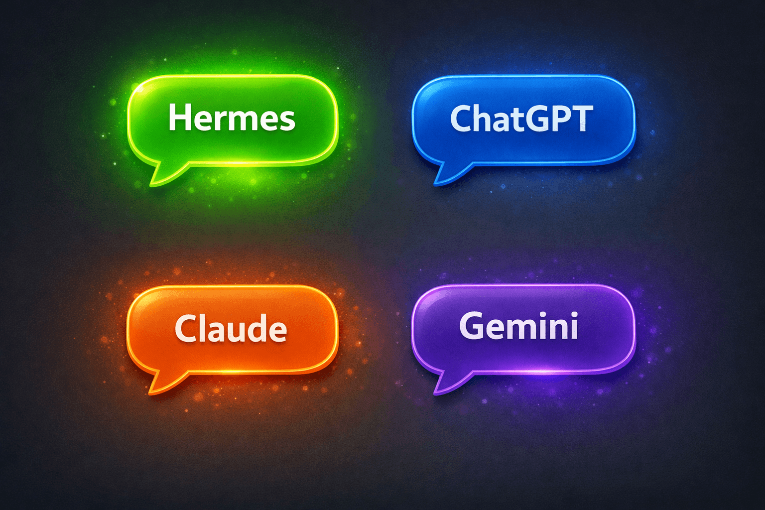 Quattro fumetti di chat in colori diversi — verde per Hermes, blu per ChatGPT, arancione per Claude e viola per Gemini — con Hermes che brilla di più, a simboleggiare la memoria persistente tra le sessioni
