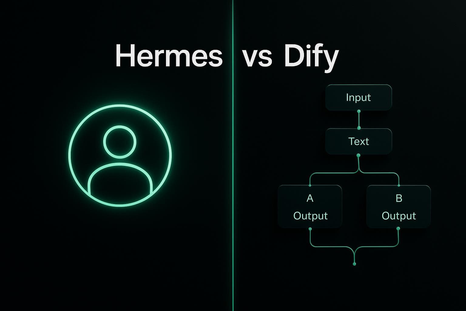 Layout scuro diviso a metà Hermes Agent vs Dify con i nomi dei due progetti come etichette di testo separate da una sottile linea verticale verde luminosa
