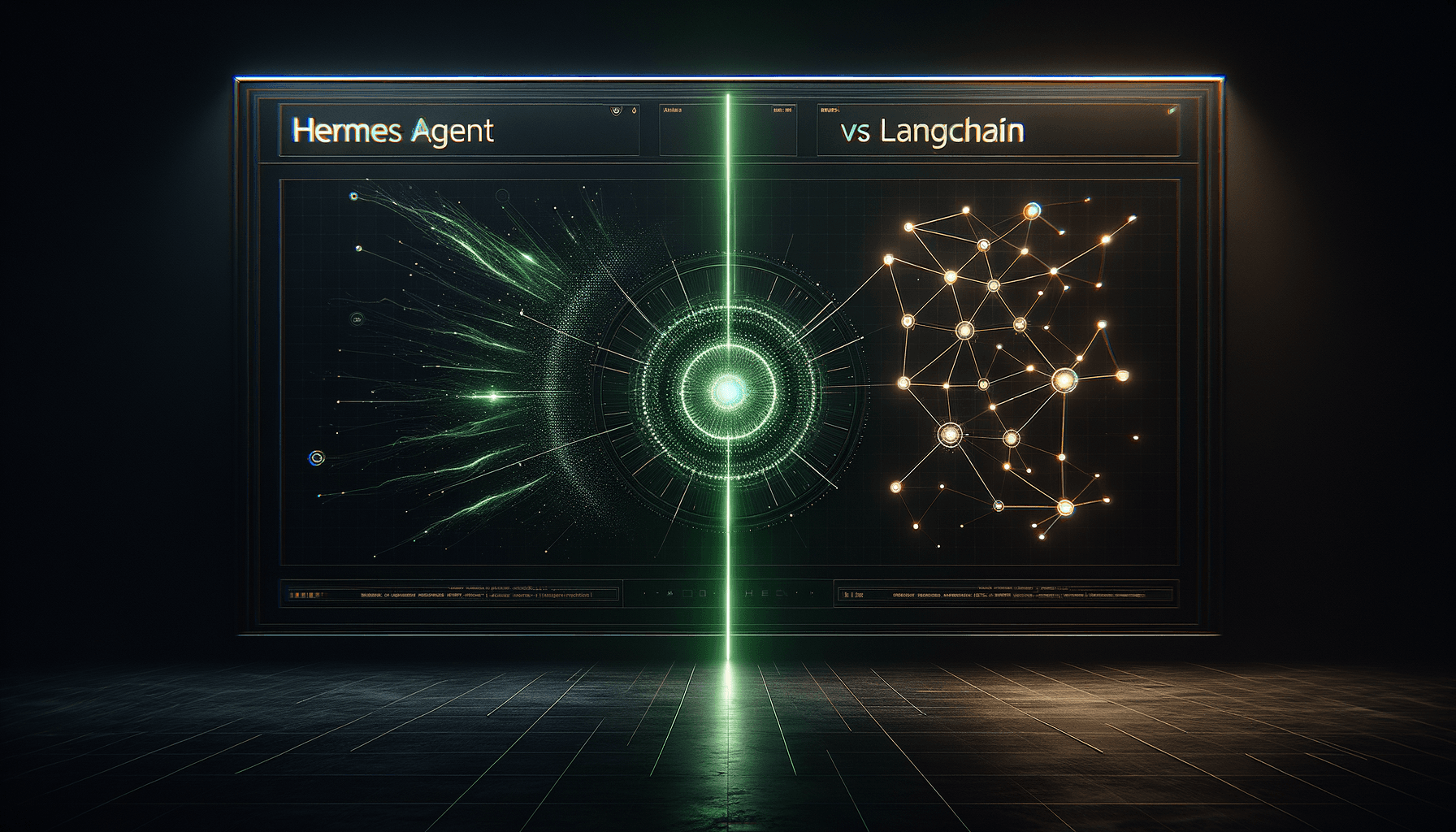 Hermes Agent vs LangChain split dark background with each project's name as a text label, comparing a self-contained runtime AI agent versus a developer framework for building agents