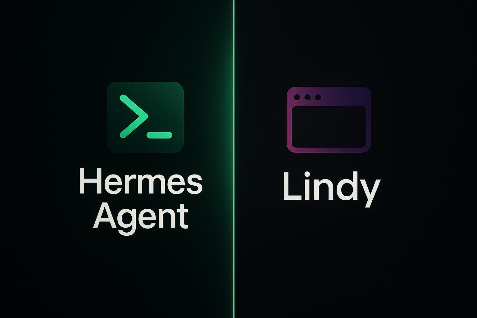 Hermes Agent vs Lindy - sfondo scuro diviso che confronta un agente IA open-source self-hosted con un assistente esecutivo IA no-code nel cloud