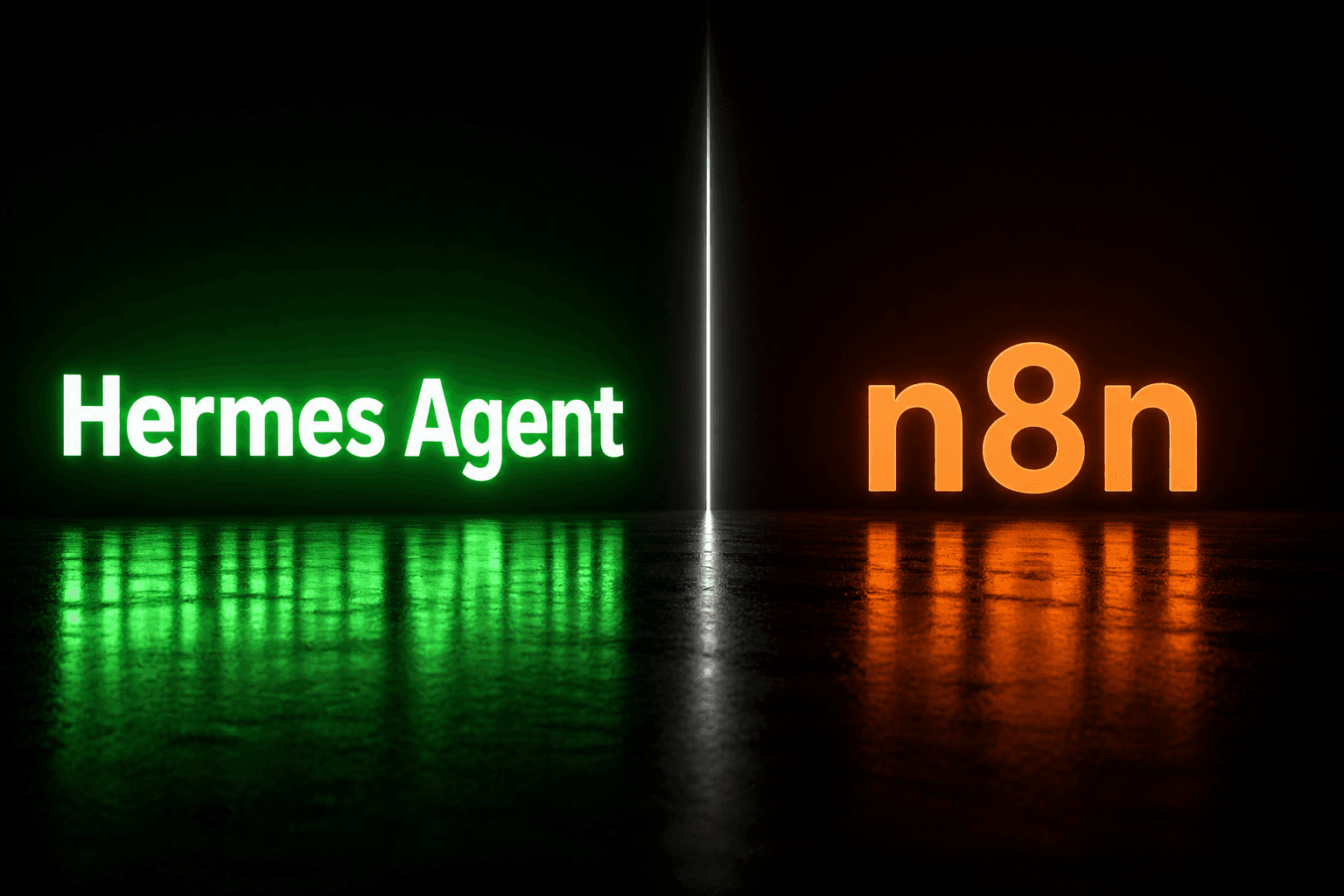 Hermes Agent vs n8n — sfondo scuro diviso con il nome di ciascuno strumento come etichetta testuale, che confronta l'agente AI ragionante con l'automazione di workflow