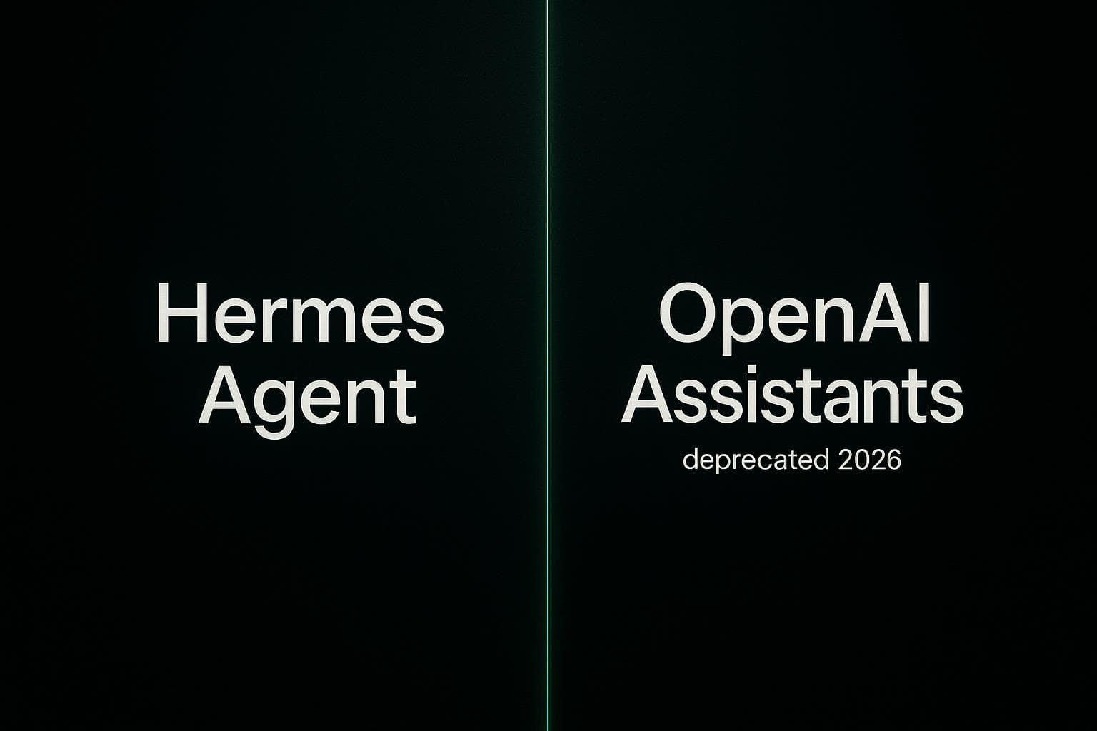 Layout scuro diviso con i nomi Hermes Agent e OpenAI Assistants come etichette di testo e una sottile linea verde di separazione
