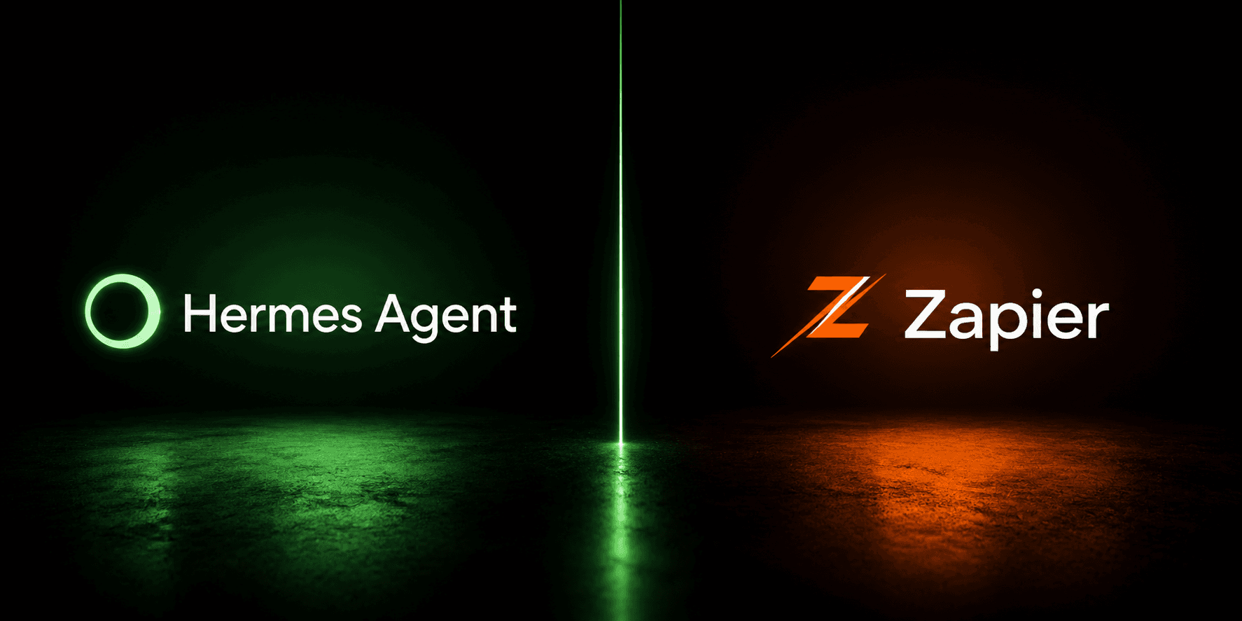 Hermes Agent vs Zapier - sfondo scuro diviso con il nome di ciascuno strumento come etichetta testuale, a confronto tra agente AI ragionante e automazione trigger-action
