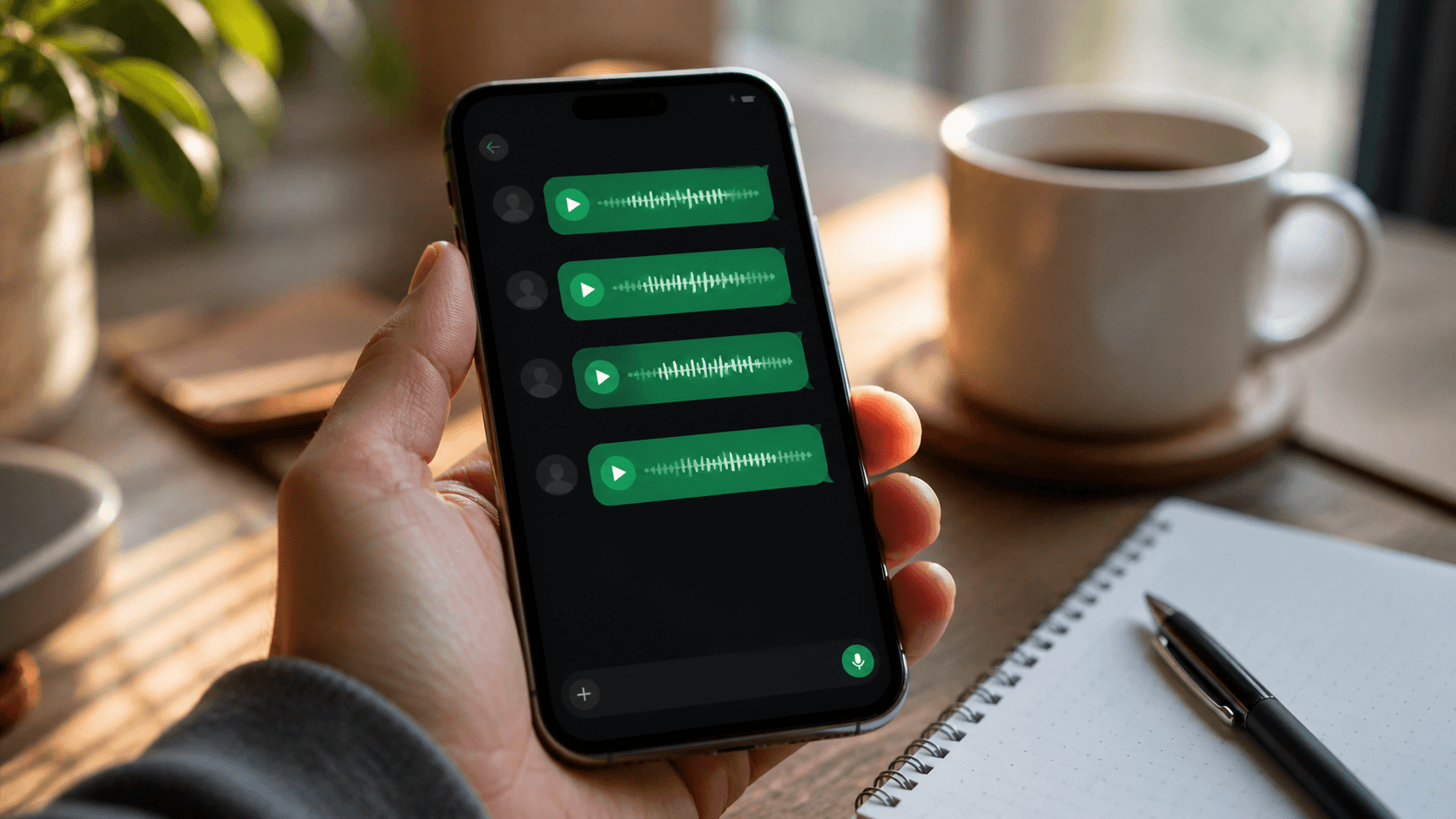 Ein Smartphone, das eine Telegram-Unterhaltung mit Sprachnachrichten-Sprechblasen eines KI-Agenten zeigt, neben einer Kaffeetasse auf einem morgendlichen Schreibtisch
