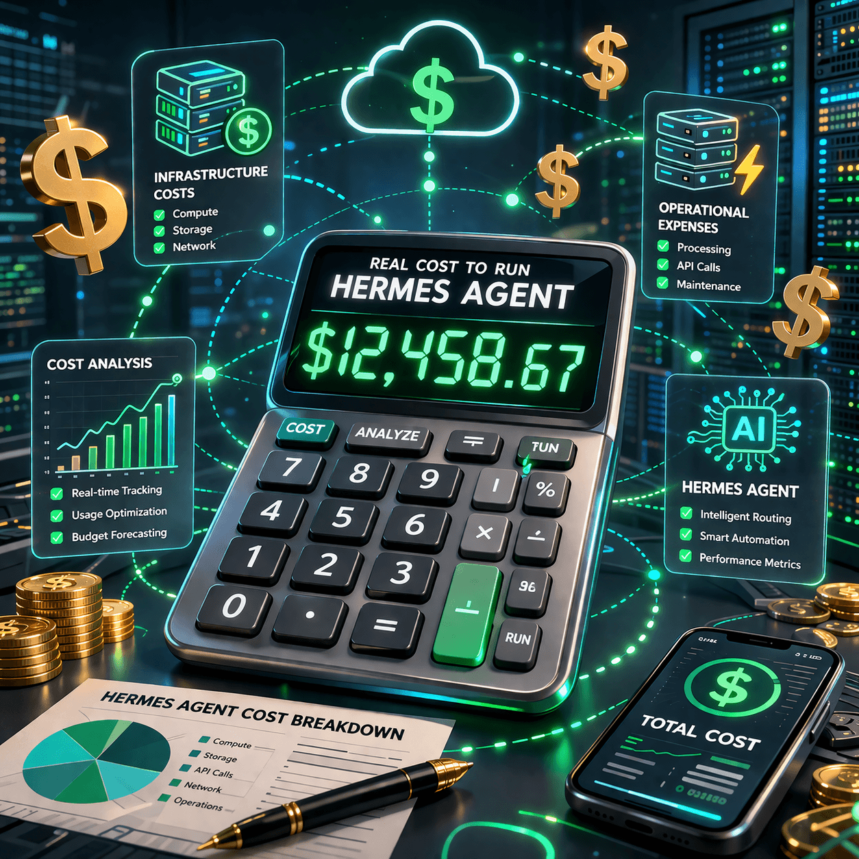Ein Taschenrechner mit grünen digitalen Ziffern, umgeben von schwebenden Dollarzeichen und Server-Symbolen, der die tatsächliche Kostenanalyse für den Betrieb von Hermes Agent darstellt