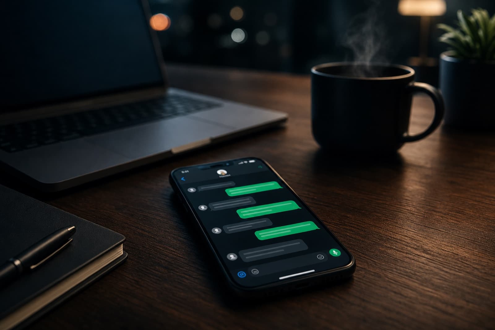 Spazio di lavoro scuro con interfaccia chat verde luminosa sullo schermo di uno smartphone, documenti e tazza di caffe sfocati sullo sfondo
