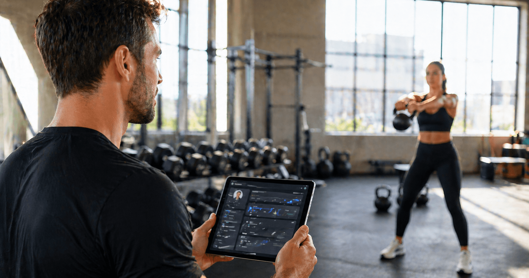 A personal trainer holding a tablet with a client file open, looking at the client during a workout in a bright gym
