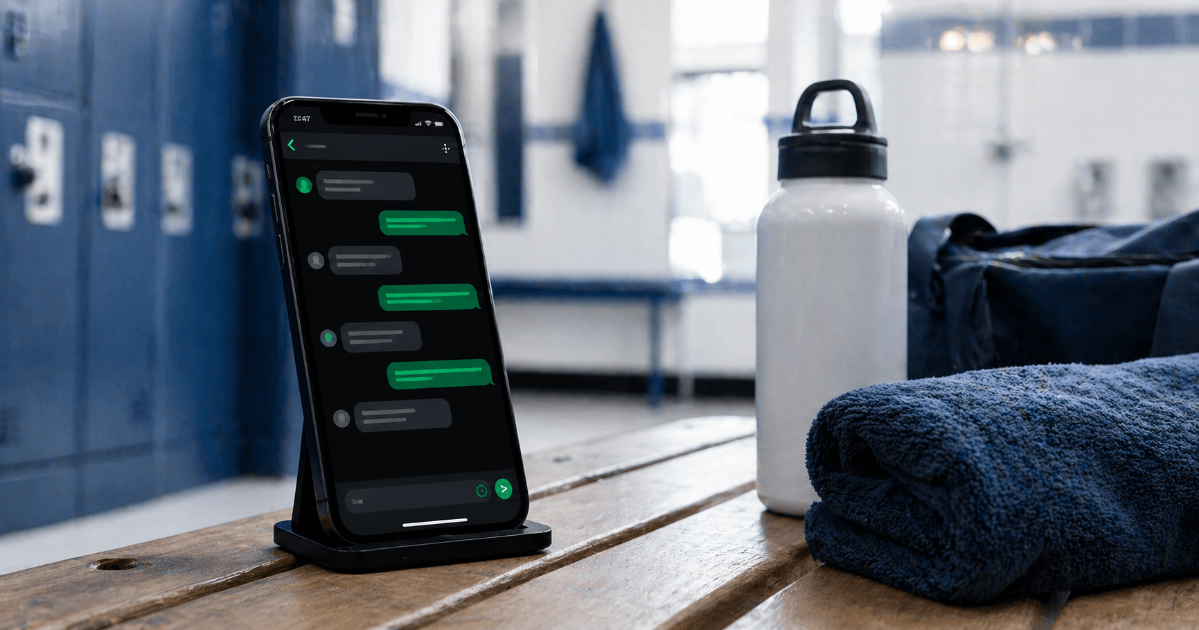 Smartphone eines Personal-Trainers auf einer Umkleidebank, das einen wöchentlichen Kunden-Check-in-Chat in einer Messaging-App zeigt