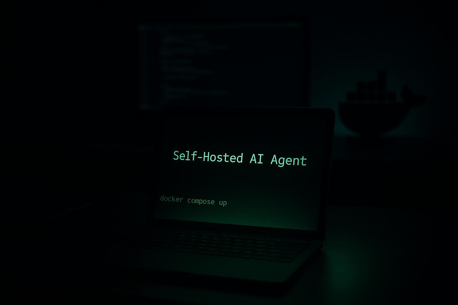 Un terminale scuro che mostra un comando docker compose up che avvia un container con un AI agent e un indicatore di stato verde