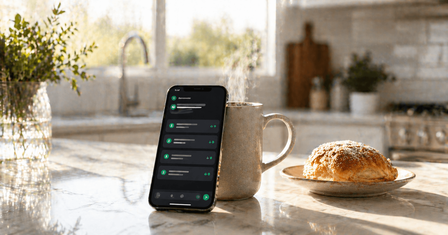 A coffee cup and phone on a kitchen counter displaying a Telegram message with a clean Shopify daily digest of revenue, orders, and flagged anomalies